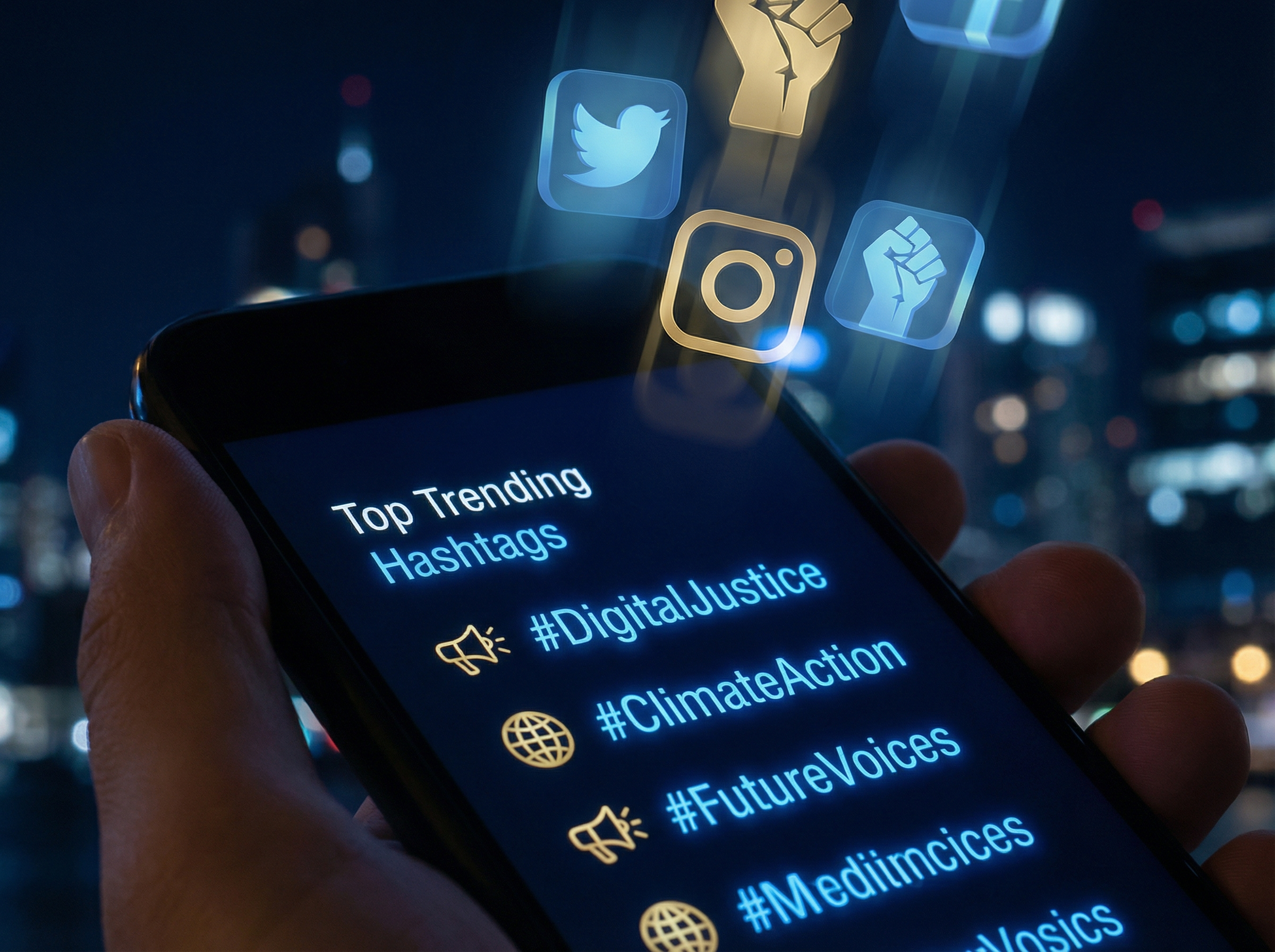 Smartphone showing trending hashtags with blue glow
