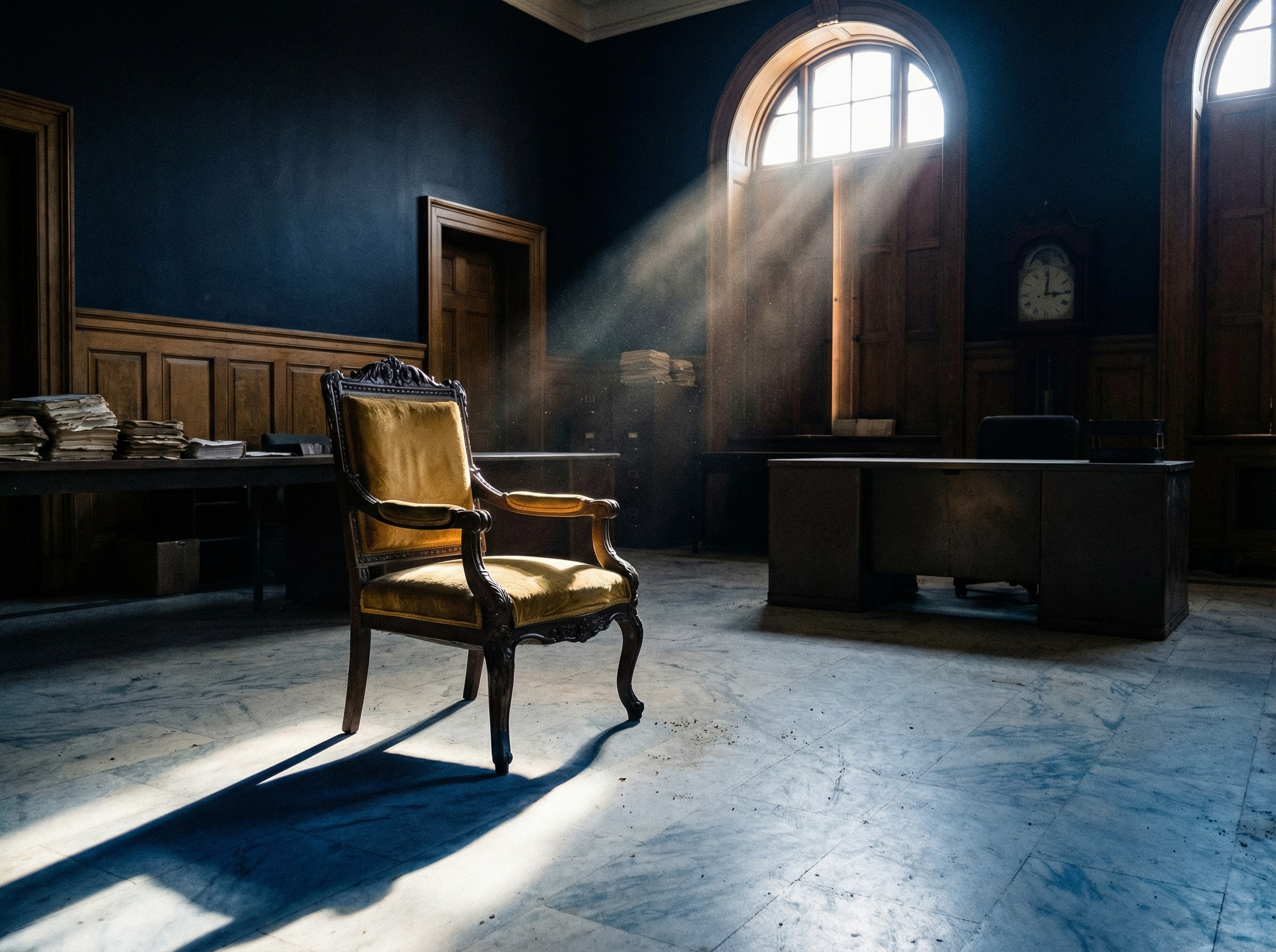 Empty ornate chair in government office with dramatic shadows