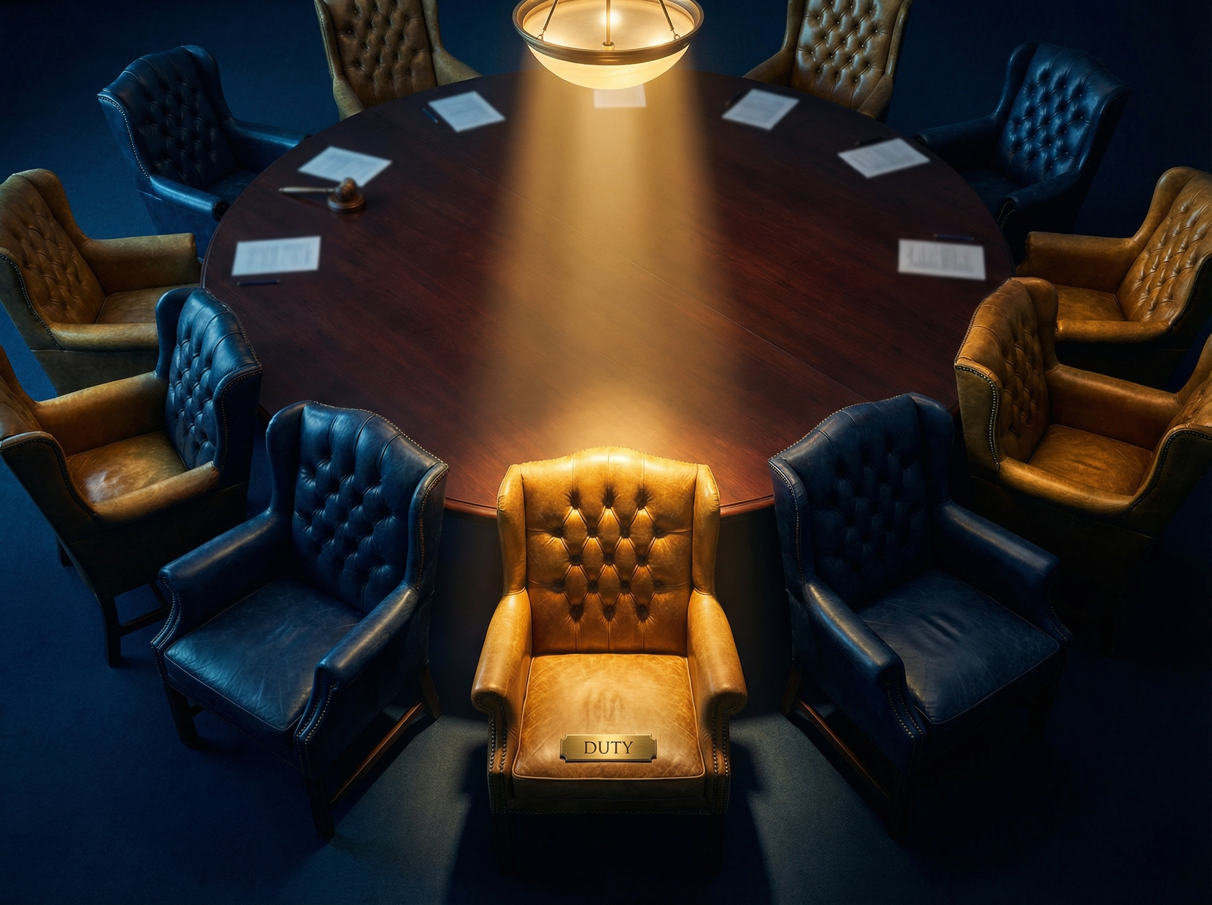 Cabinet room table viewed from above with empty chairs