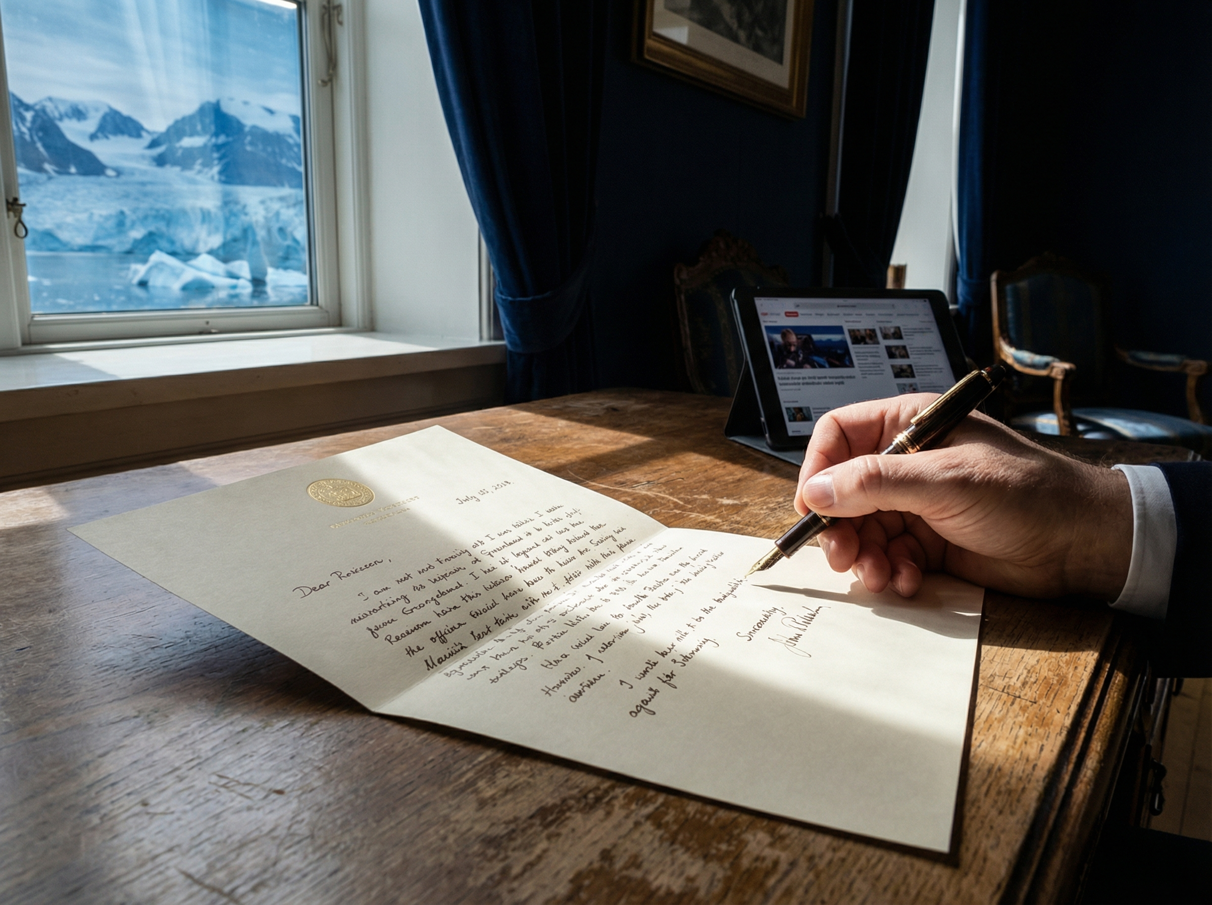 Handwritten letter with Greenland visible through window reflection