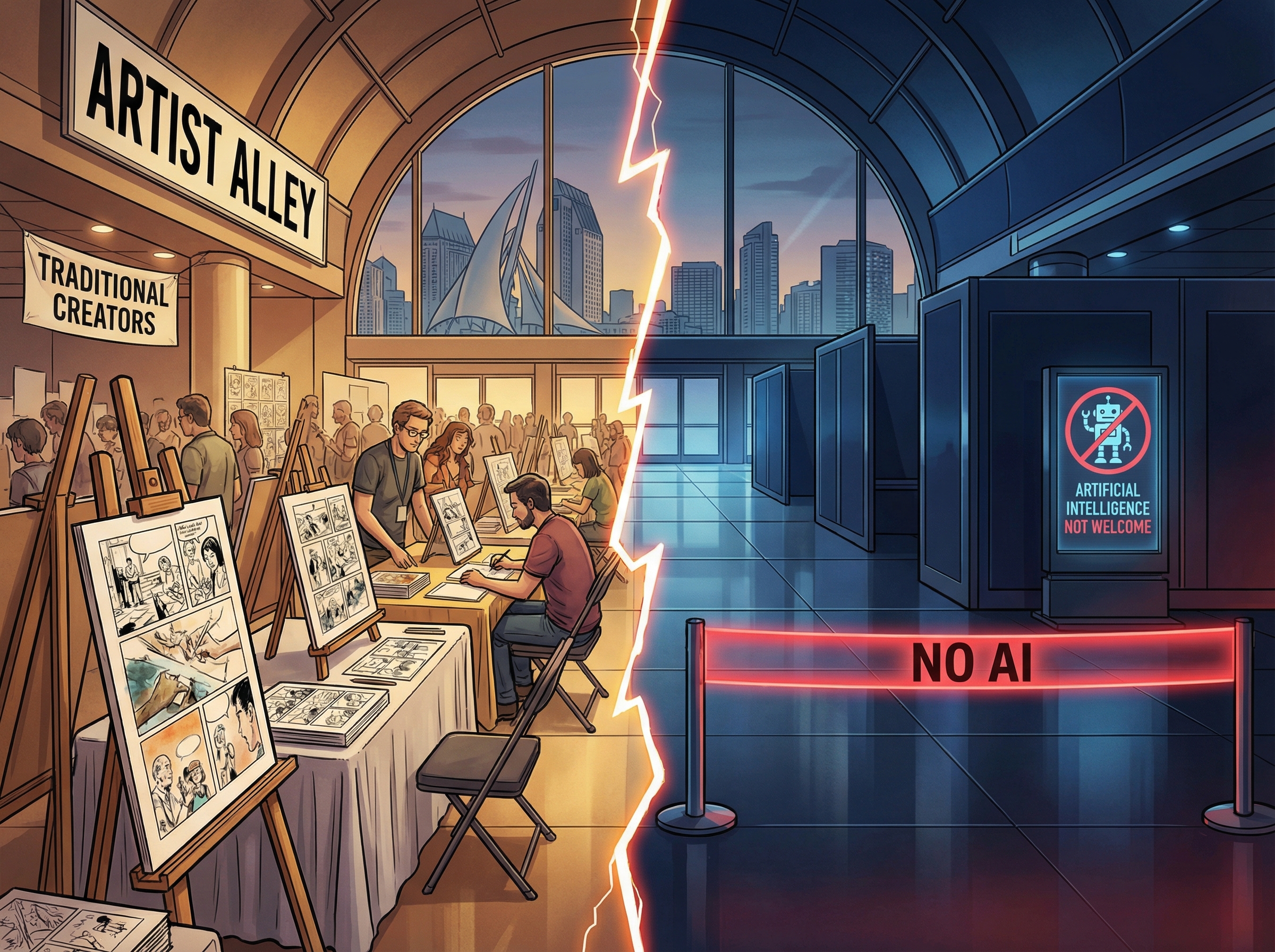 Convention hall divided between traditional artist alley and empty AI-banned section