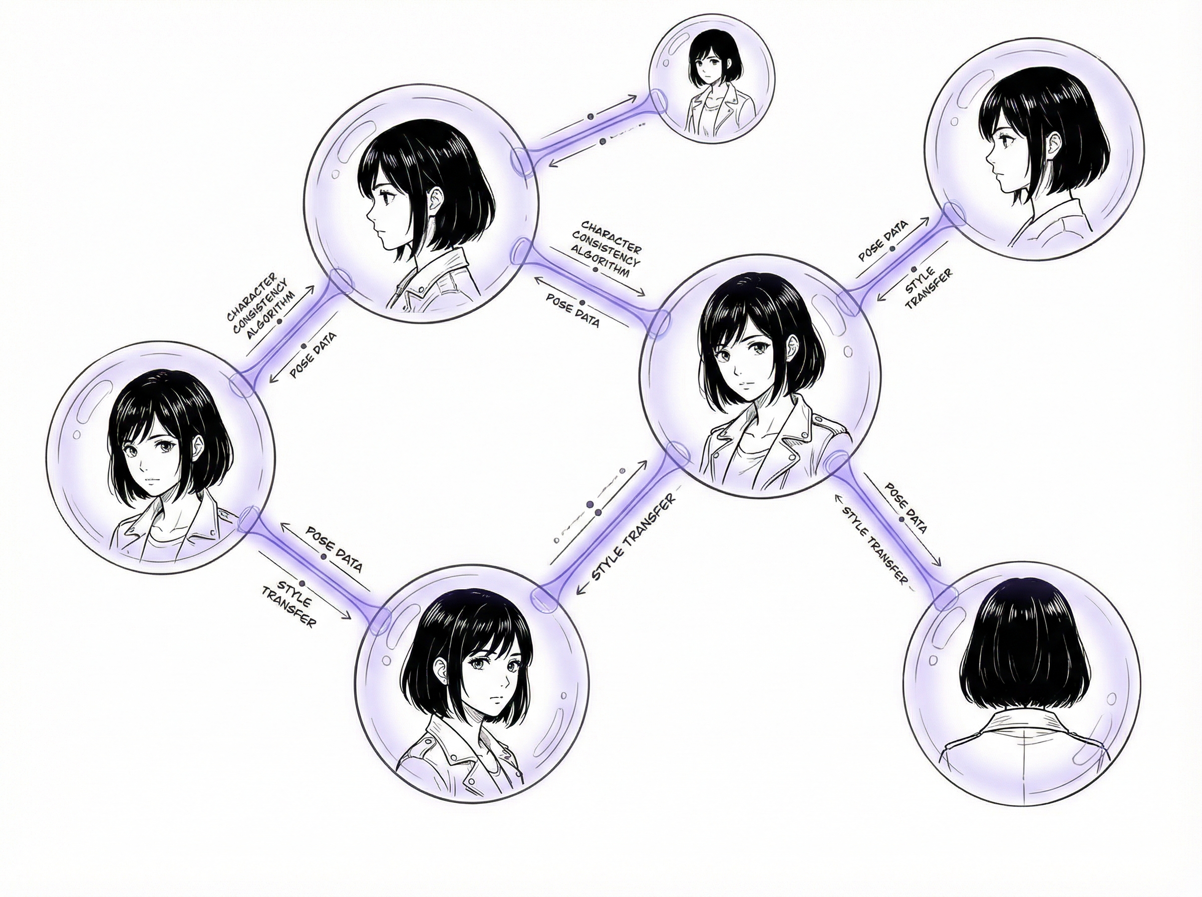 Same anime character shown at multiple angles connected by neural network nodes