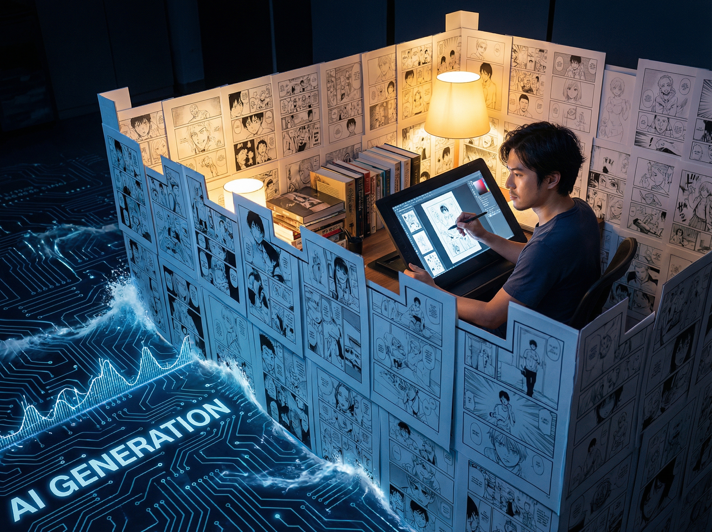 Manga artist protected in fortress of comic panels while AI waves crash outside