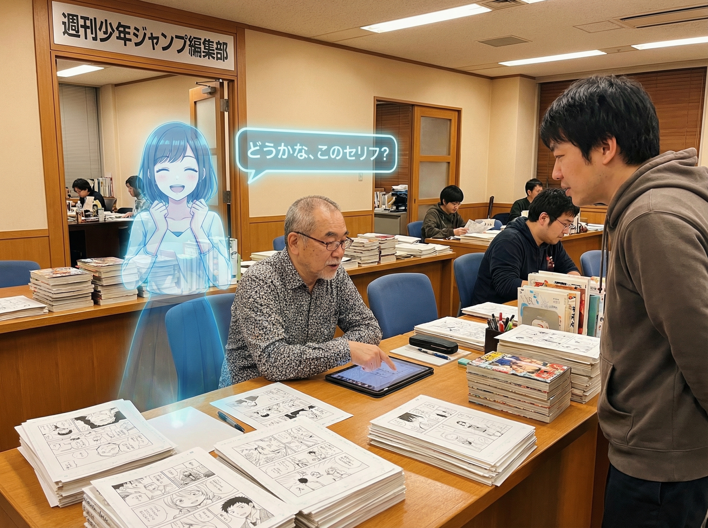 Manga editor at desk with holographic AI assistant suggesting text edits