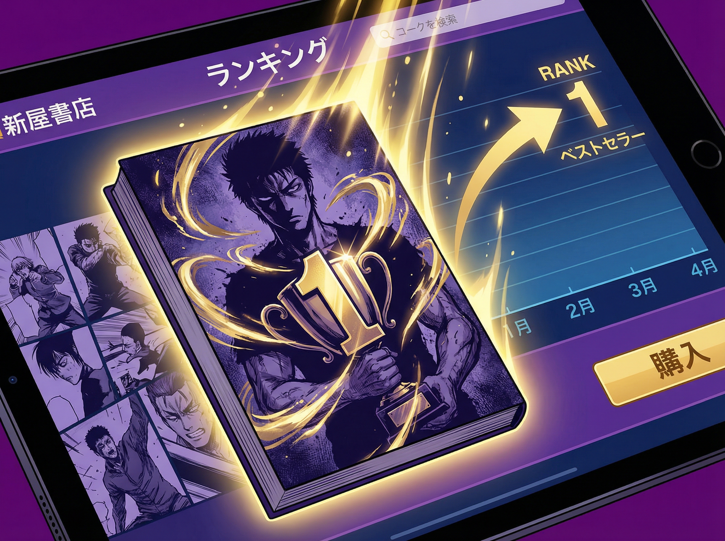 Stylized manga cover rising to number 1 position with violet and gold prestige colors