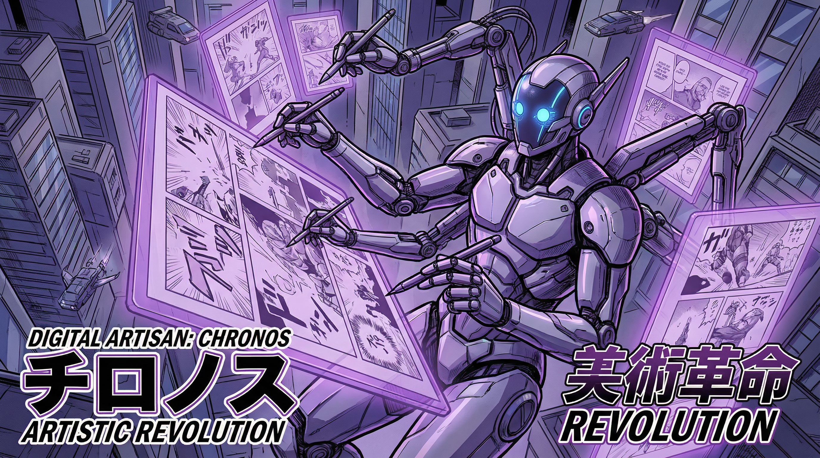 Futuristic robot artist creating manga panels on holographic displays