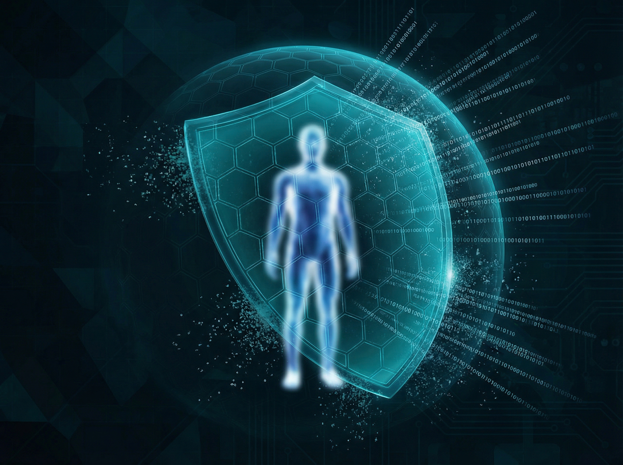 Digital shield protecting a human silhouette with binary data streams bouncing off its surface