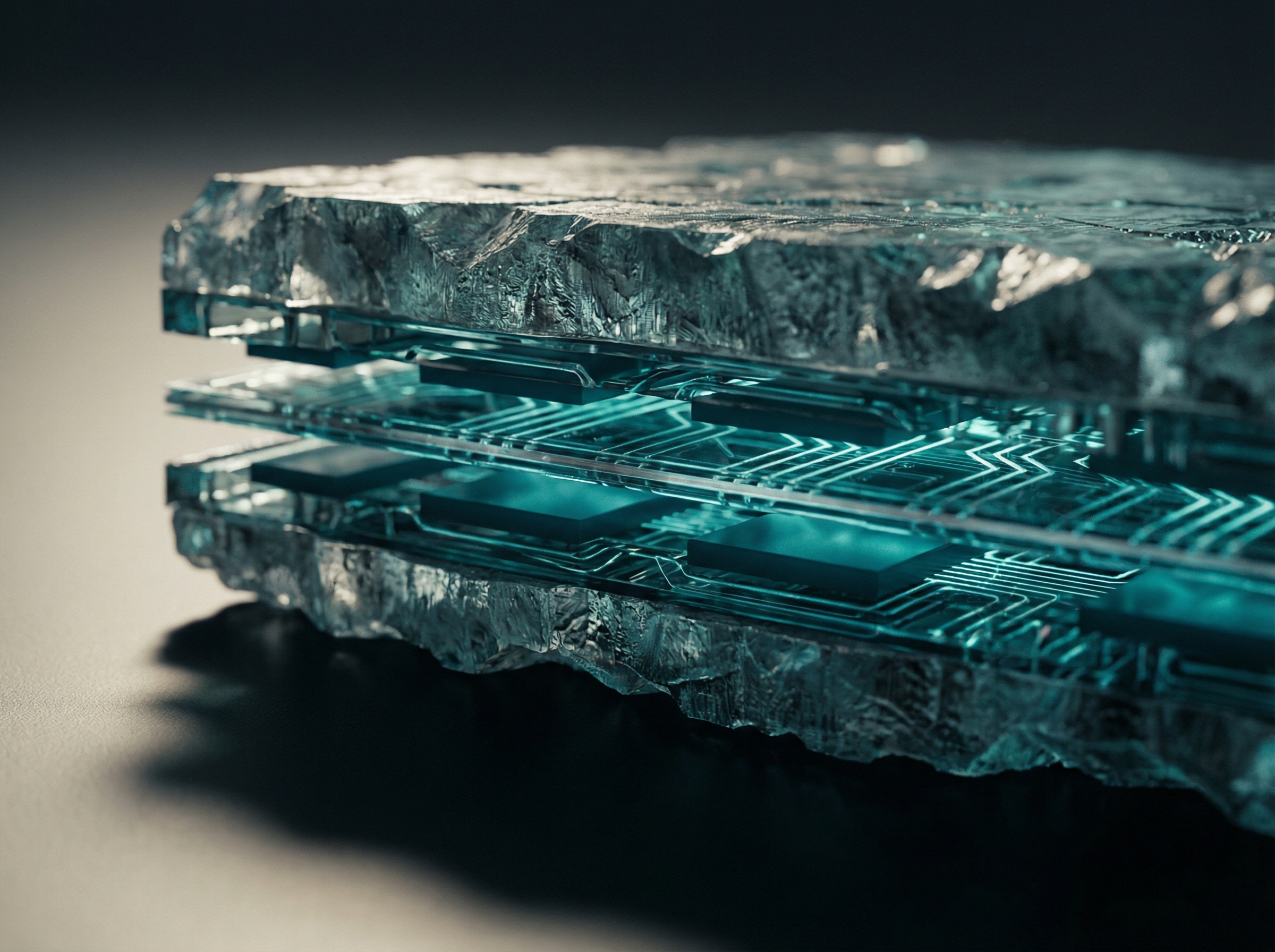 Cross-section of a next-generation processor chip revealing stacked neural accelerator layers with glowing teal circuit pathways