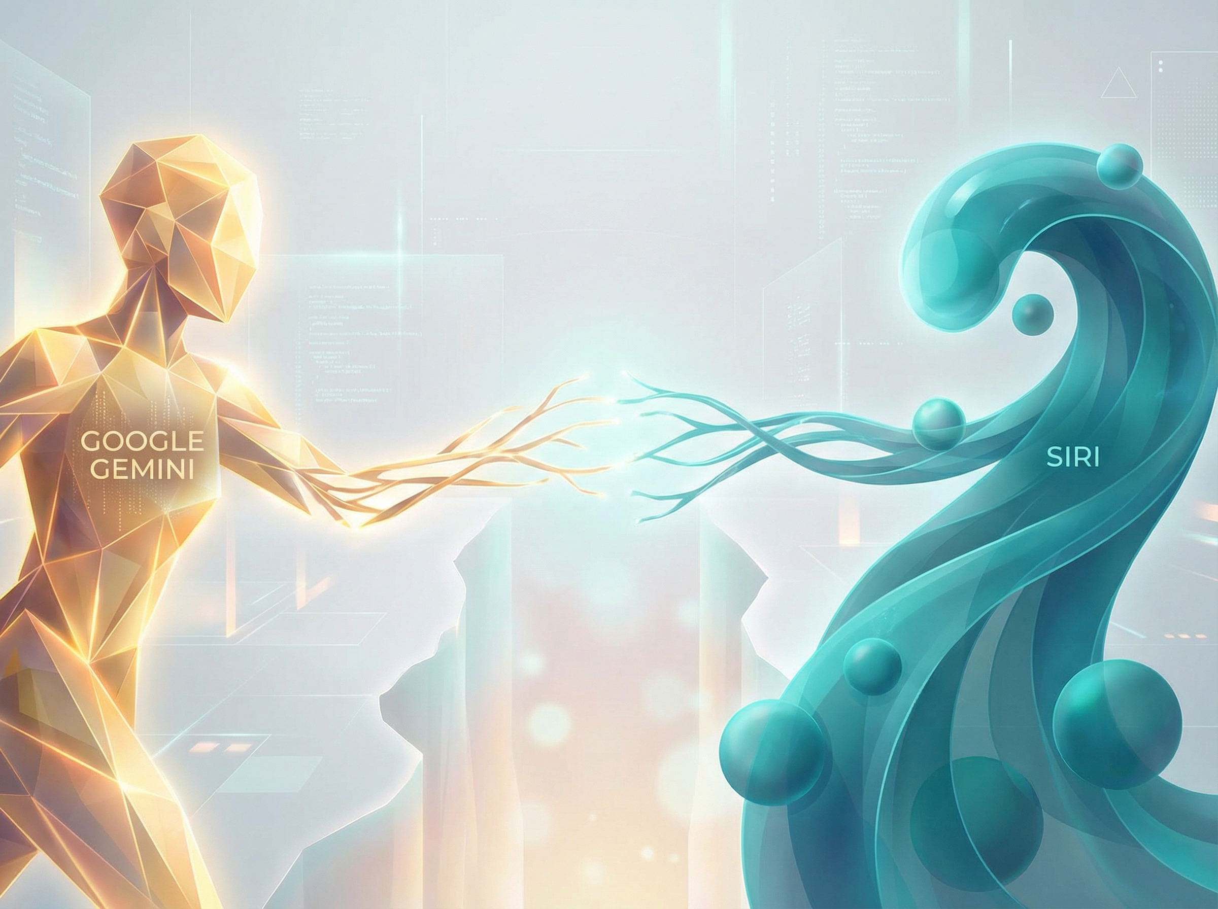 Two abstract AI entities, one warm gold representing Gemini and one cool teal representing Siri, reaching toward each other across a luminous divide