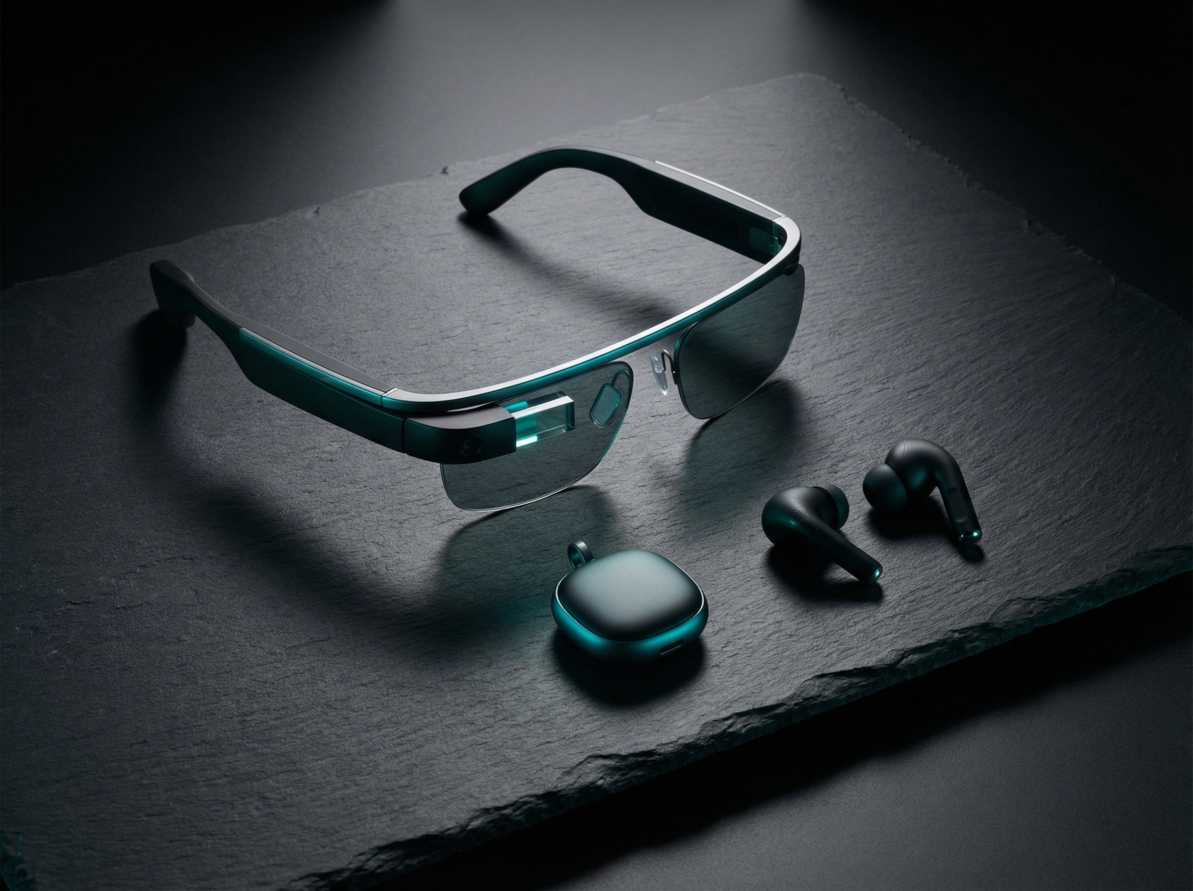 Smart glasses, a pendant device, and wireless earbuds arranged on dark slate, each with subtle teal ambient lighting