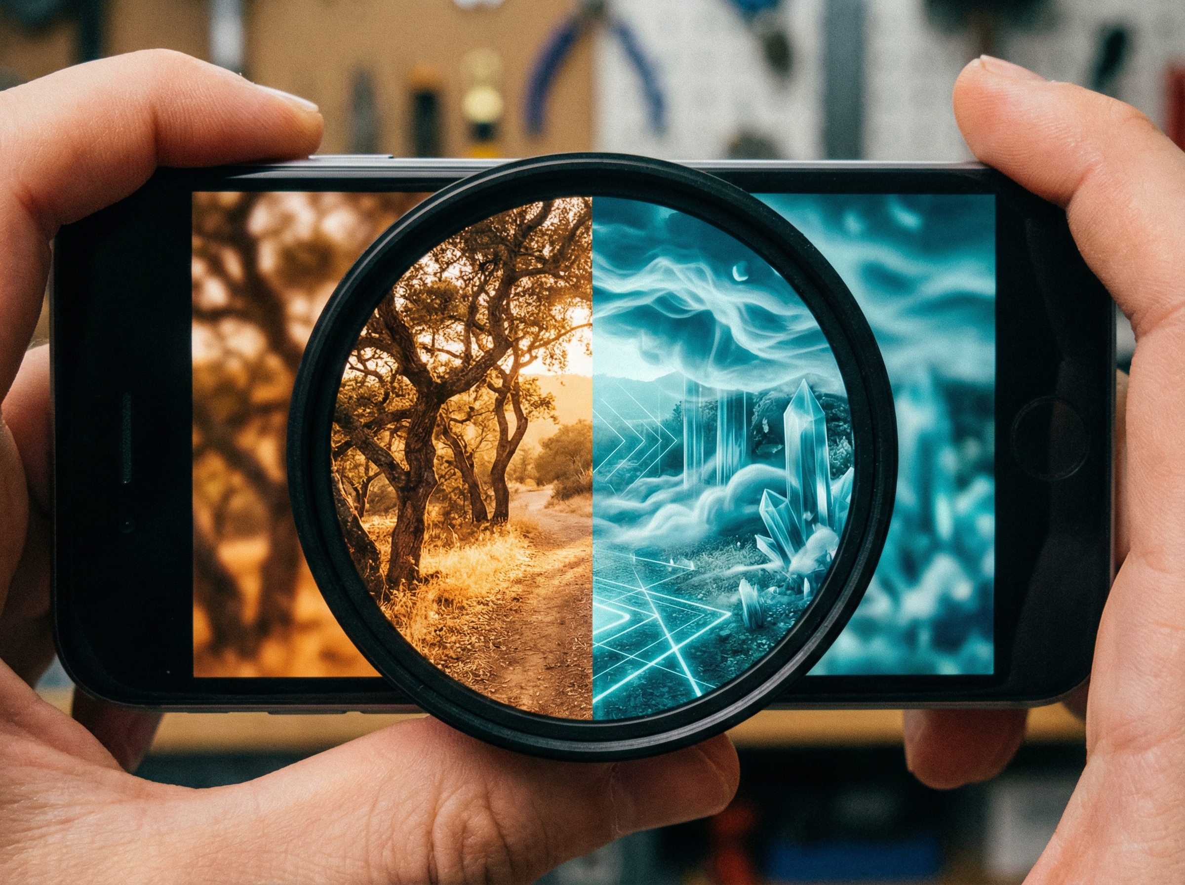 Smartphone camera with split view showing reality transforming into AI-generated imagery, warm and cool tones divided
