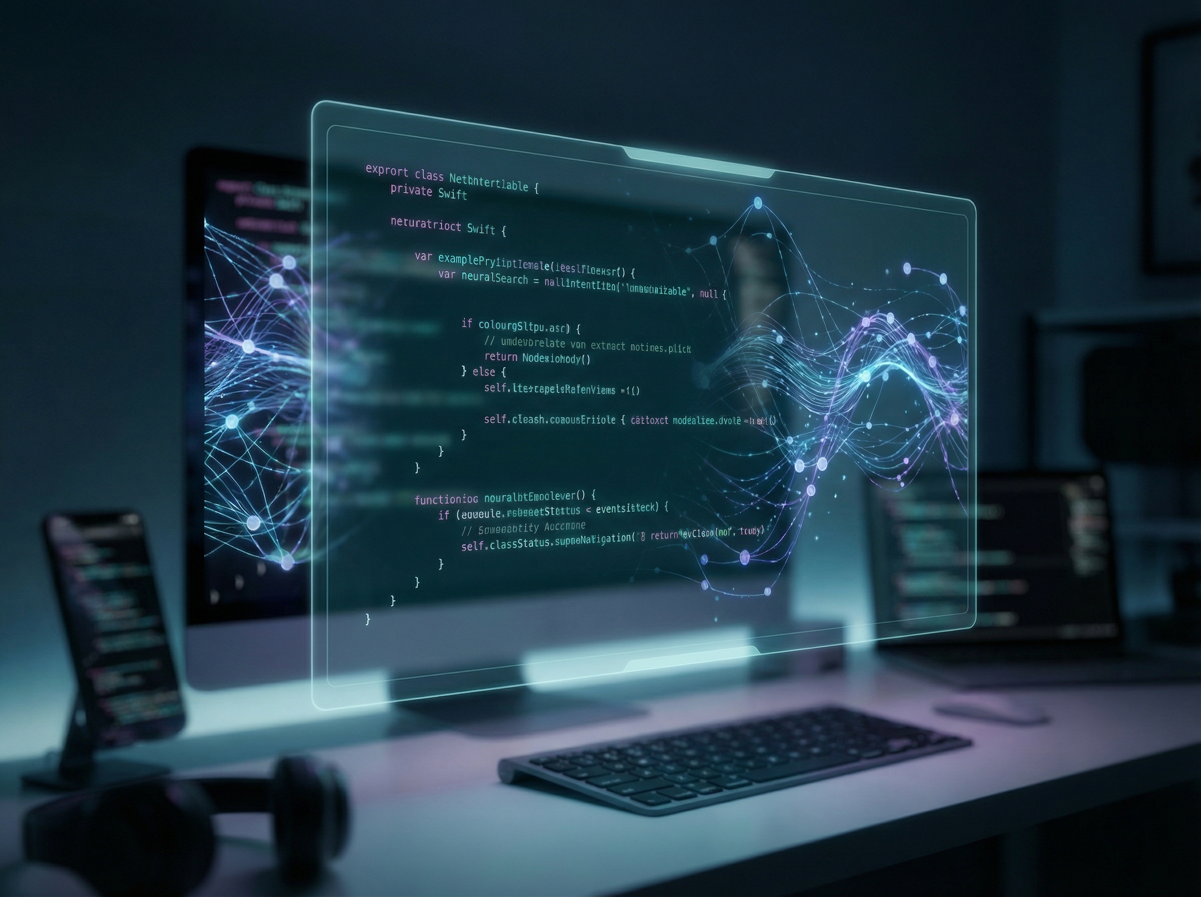 Holographic code editor displaying Swift syntax surrounded by neural network visualization with flowing data streams in teal