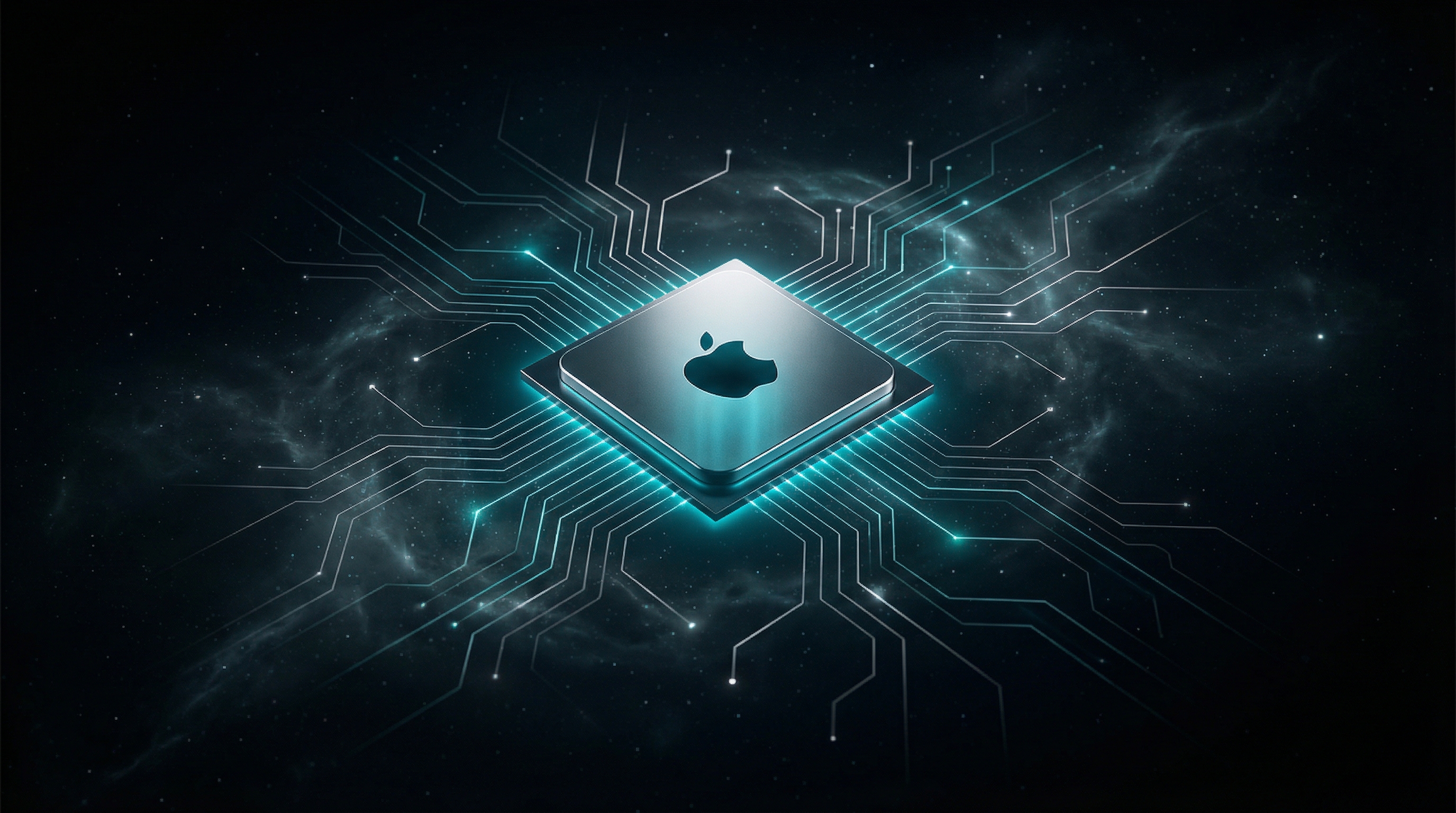 Apple silicon chip floating in deep space with neural network pathways emanating outward like a constellation, rendered in teal and silver tones