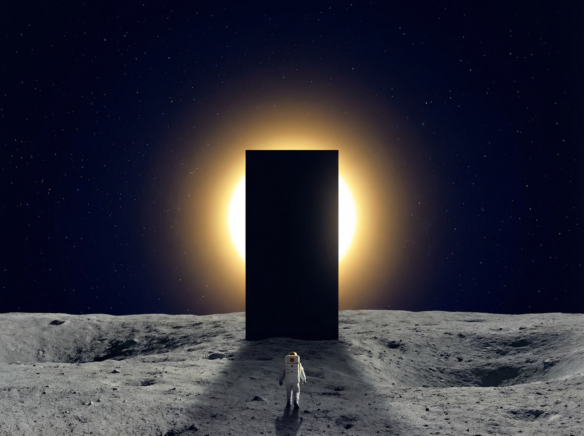 The monolith on the lunar surface with an astronaut approaching