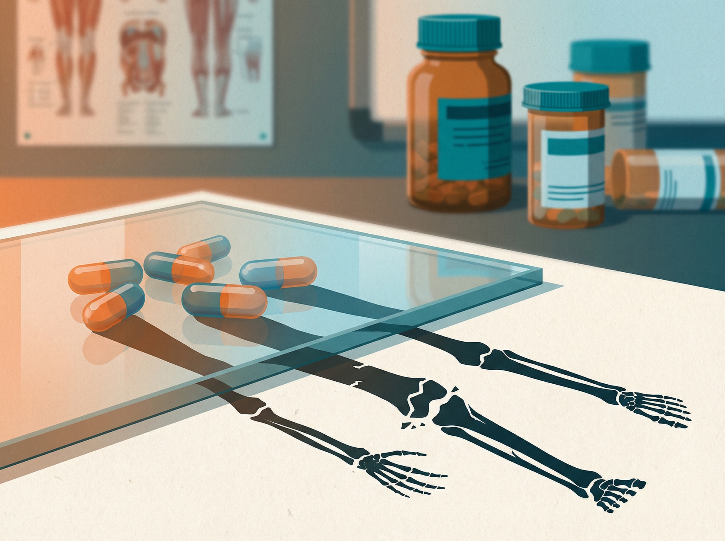 Prescription medication capsules casting shadows that transform into fractured bone silhouettes