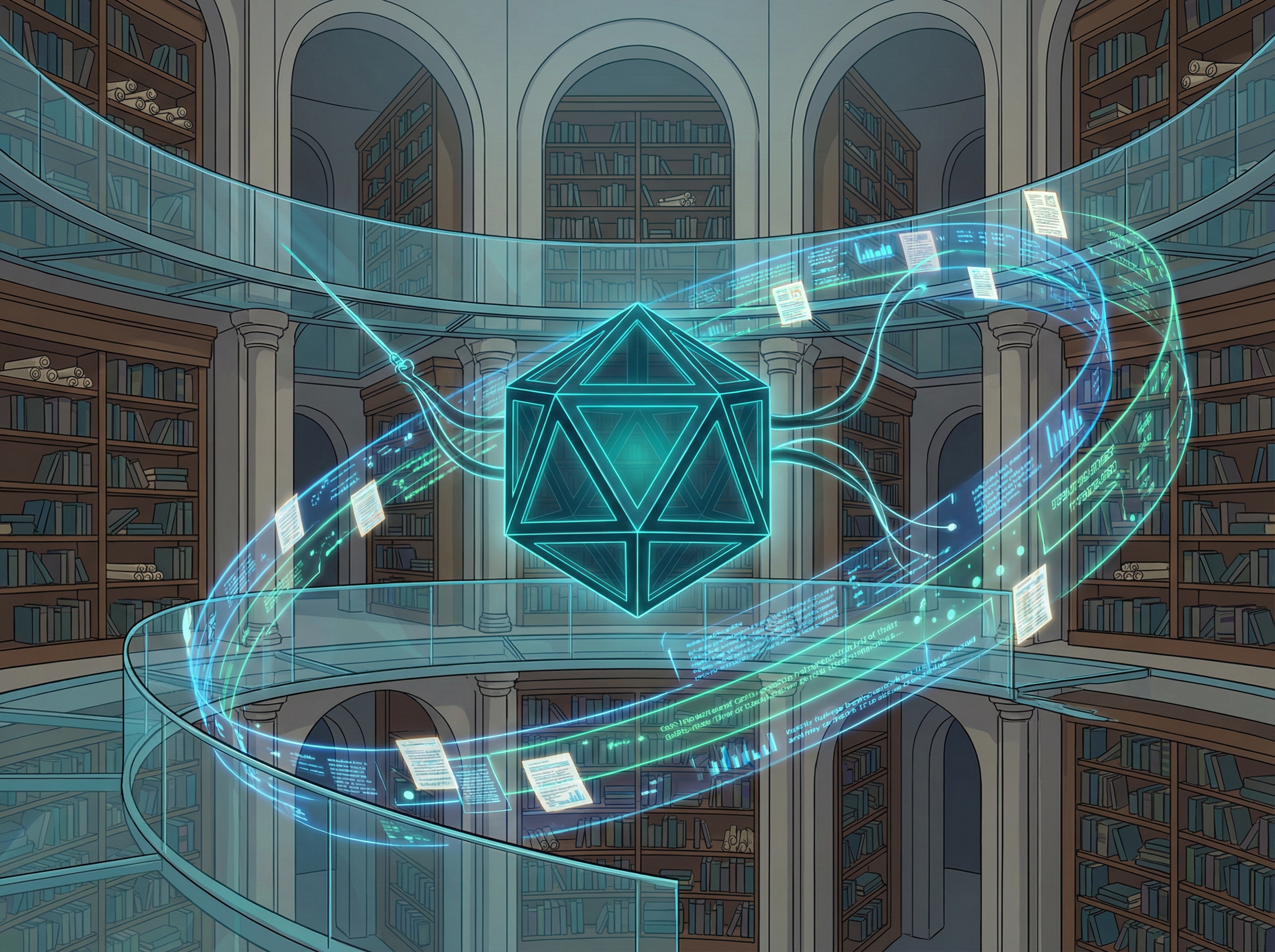 An AI agent orchestrating streams of documents like a conductor in a vast digital library