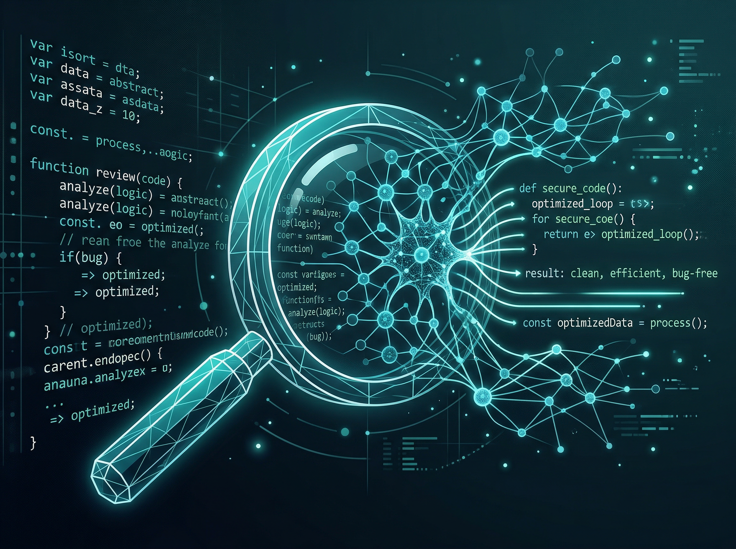 Abstract visualization of code review as an intelligent neural process examining glowing code