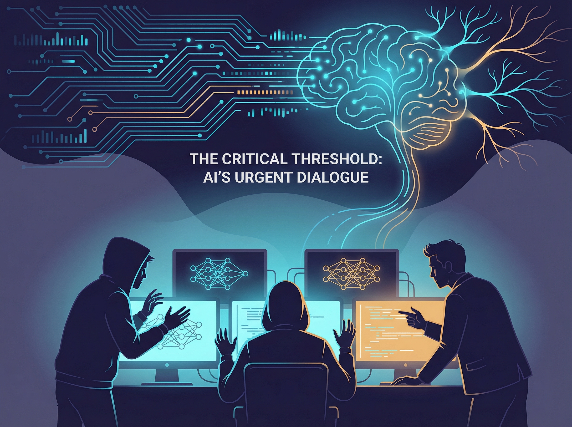 Silhouettes of programmers at terminals with neural network patterns morphing above them