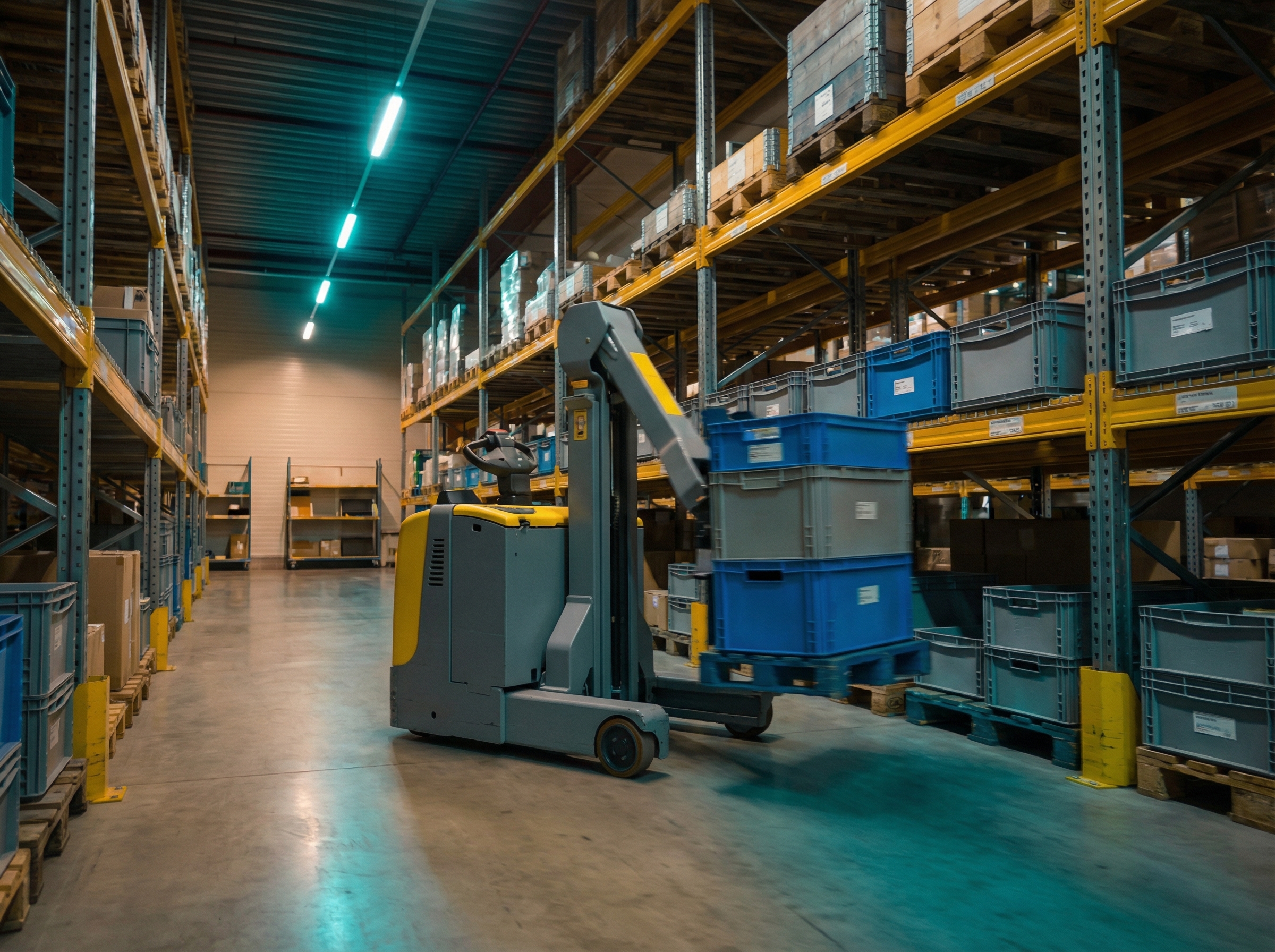 Warehouse robot carrying totes through industrial shelving