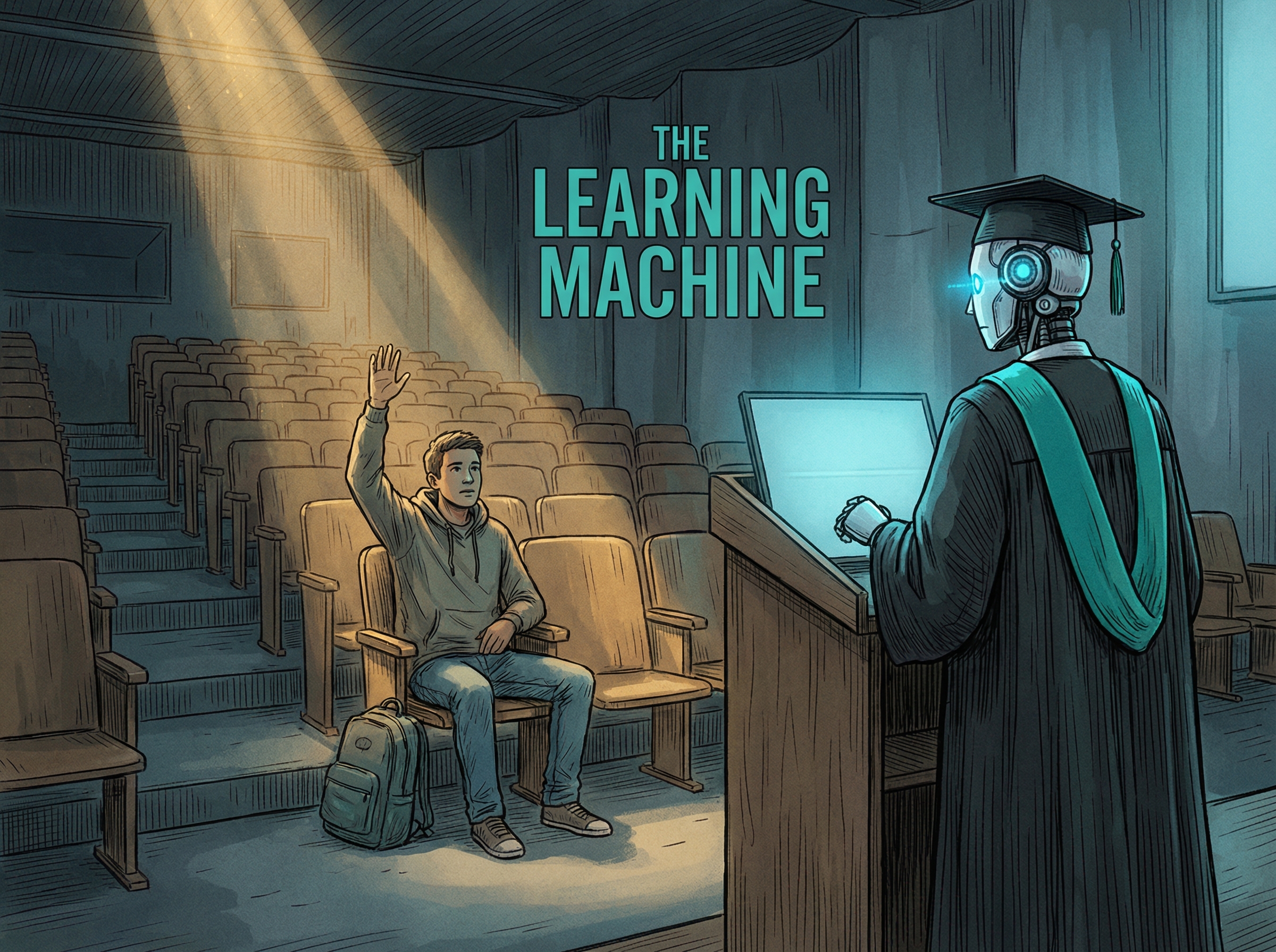 Robot professor in graduation attire at podium with single student raising hand