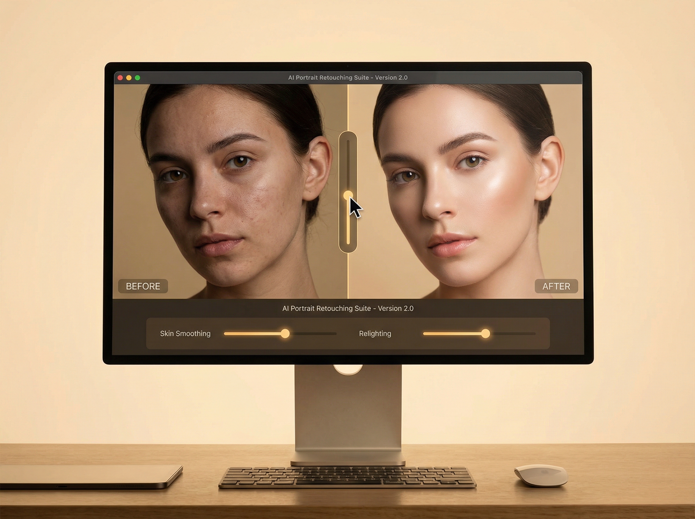 AI retouching software interface showing before and after portrait comparison