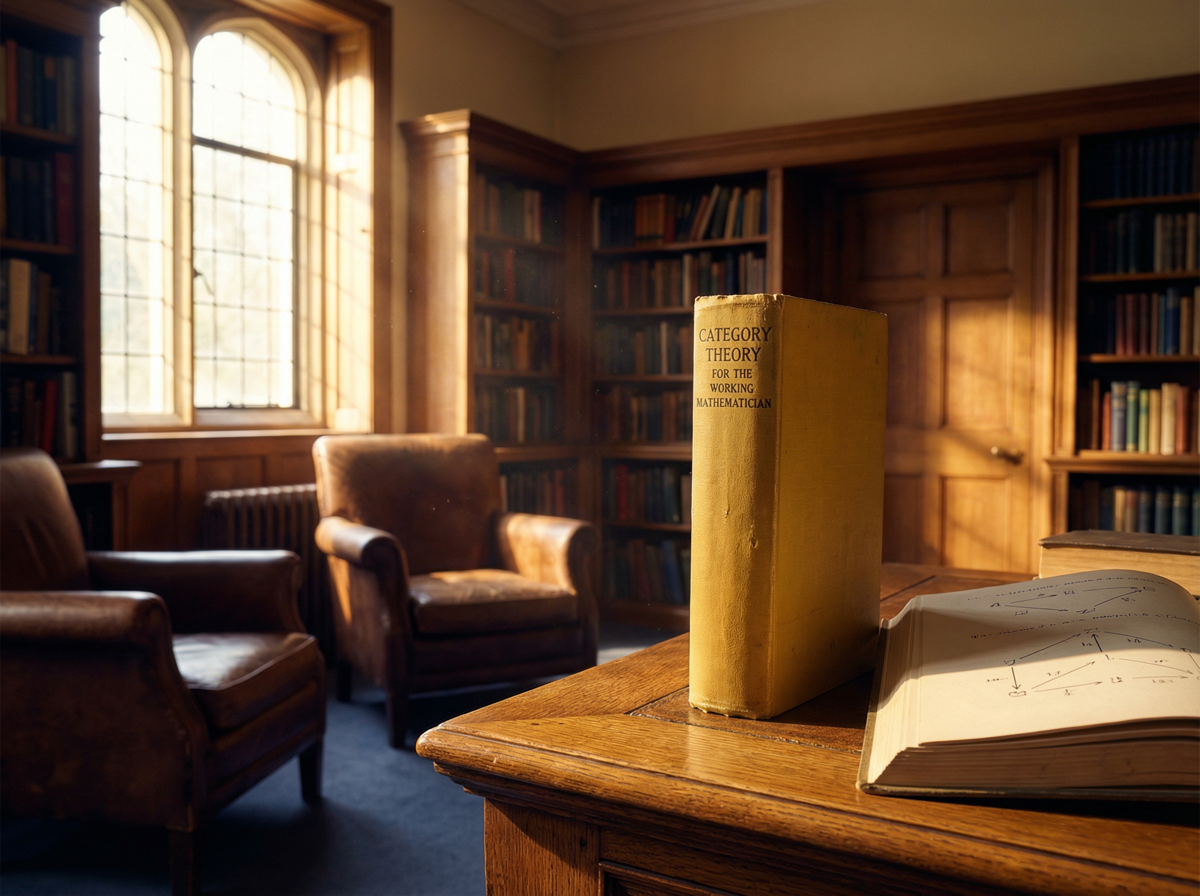 An iconic yellow mathematics textbook standing upright on a polished oak desk, golden light streaming through a library window