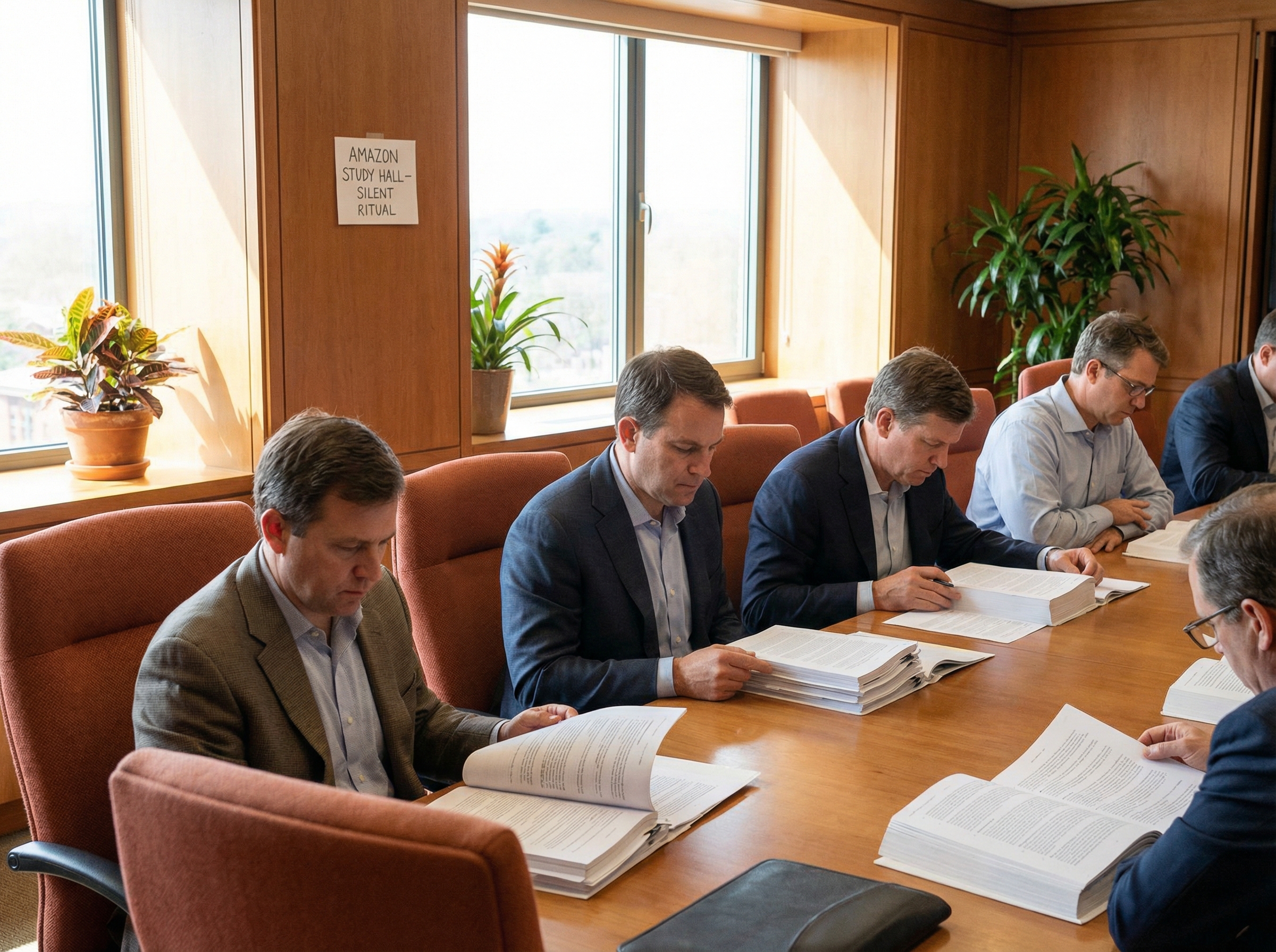 Corporate meeting room transformed: executives in silent concentration reading printed memos, no screens visible