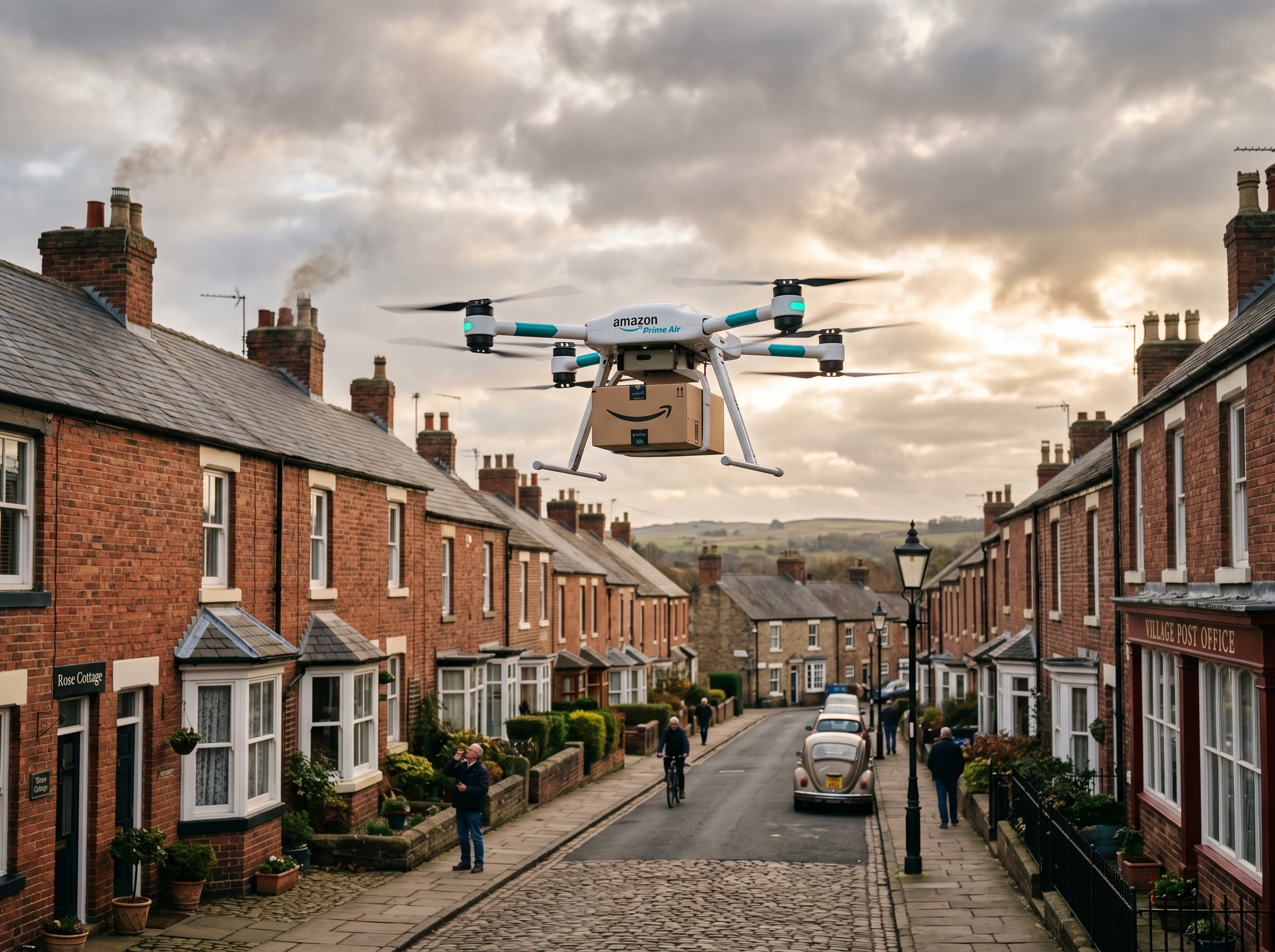 Amazon MK30 drone delivering packages over an English village