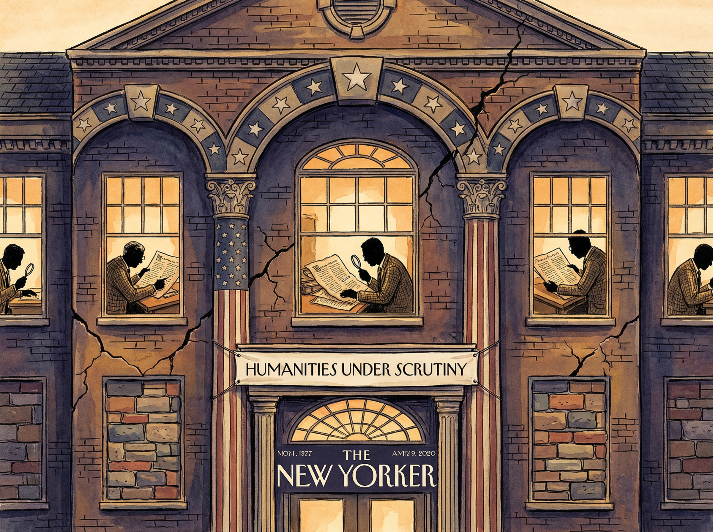 University humanities building with American flag motifs, cracks forming in facade, scholars examining documents