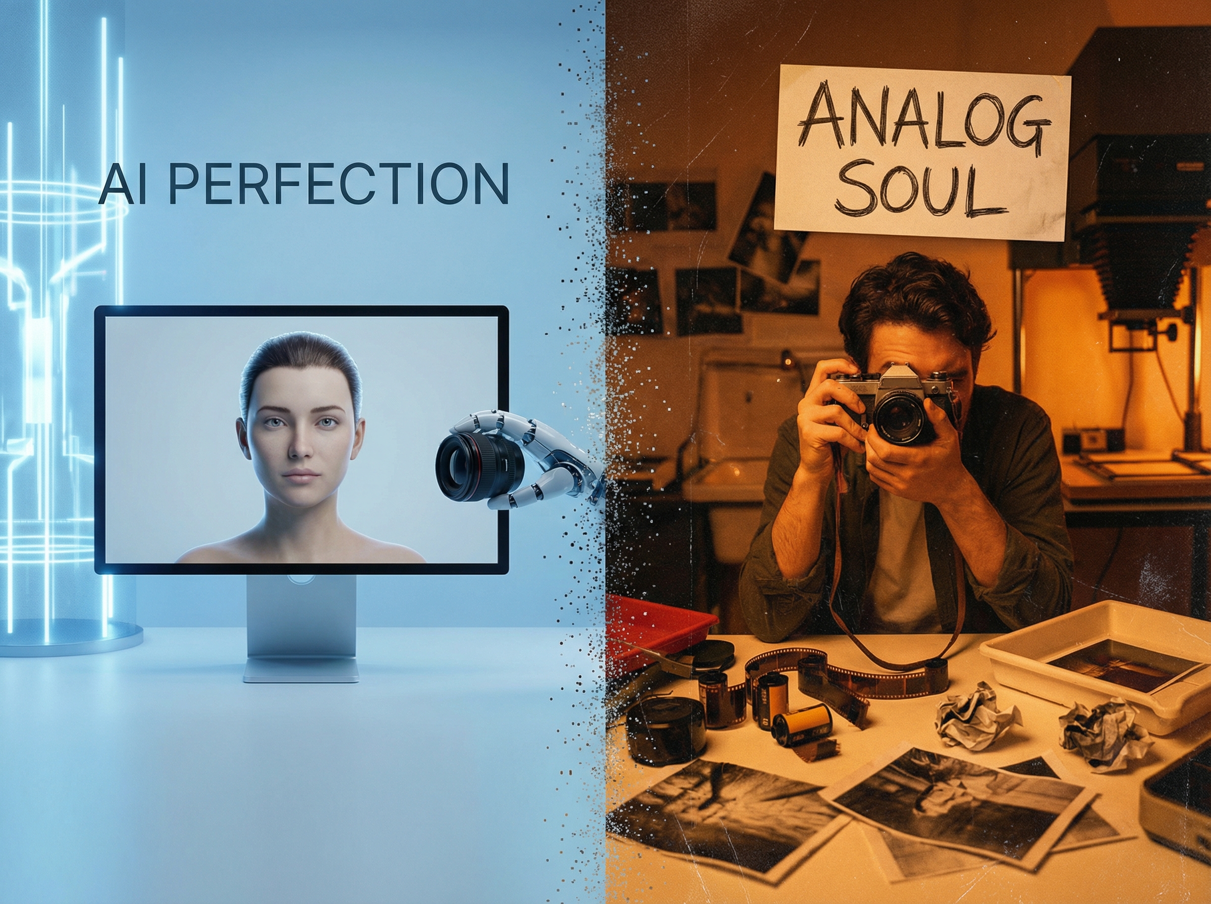 Abstract visualization of perfect AI images versus authentic film grain texture