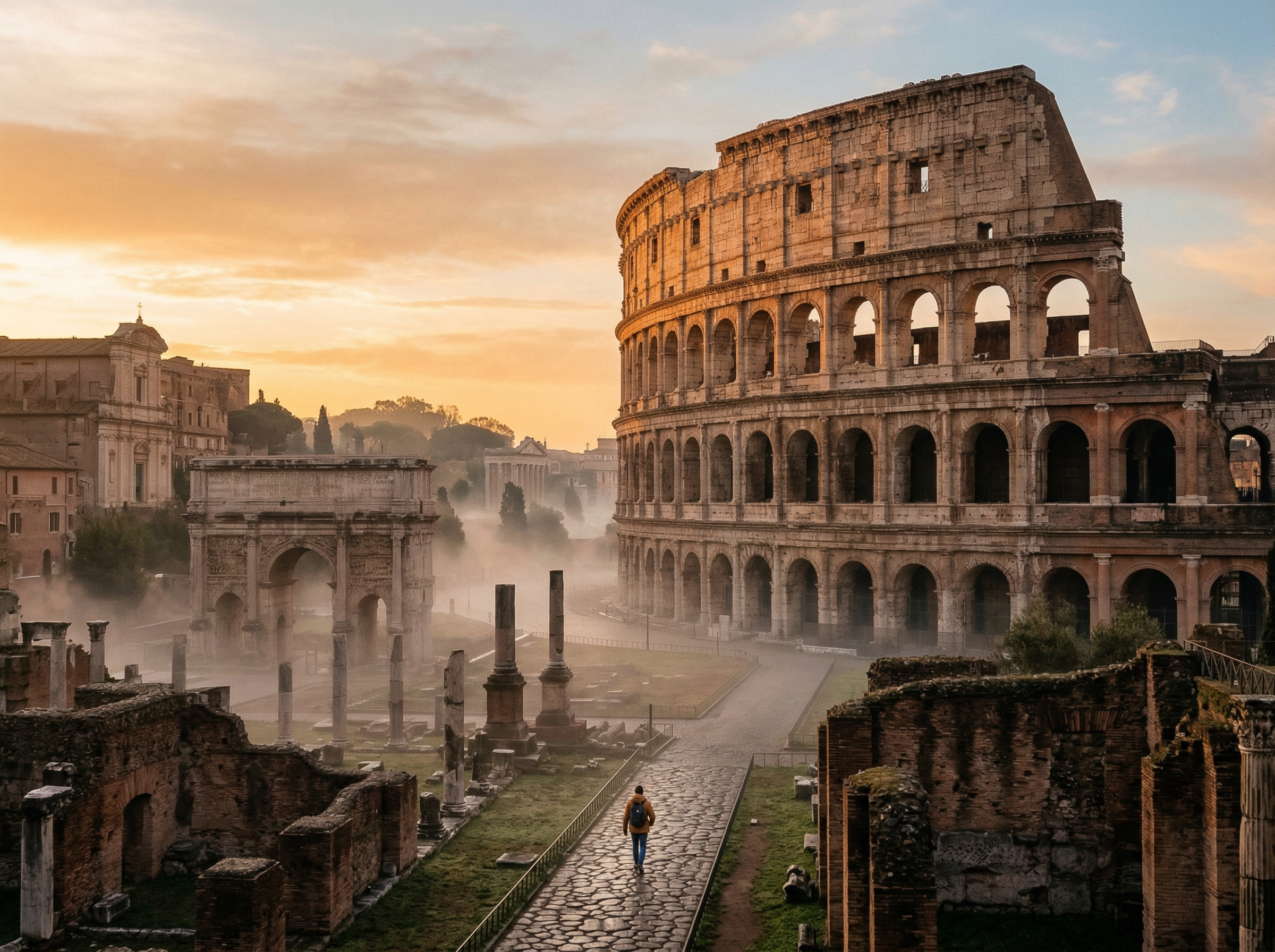 The Colosseum at dawn with morning mist rising from the Roman Forum