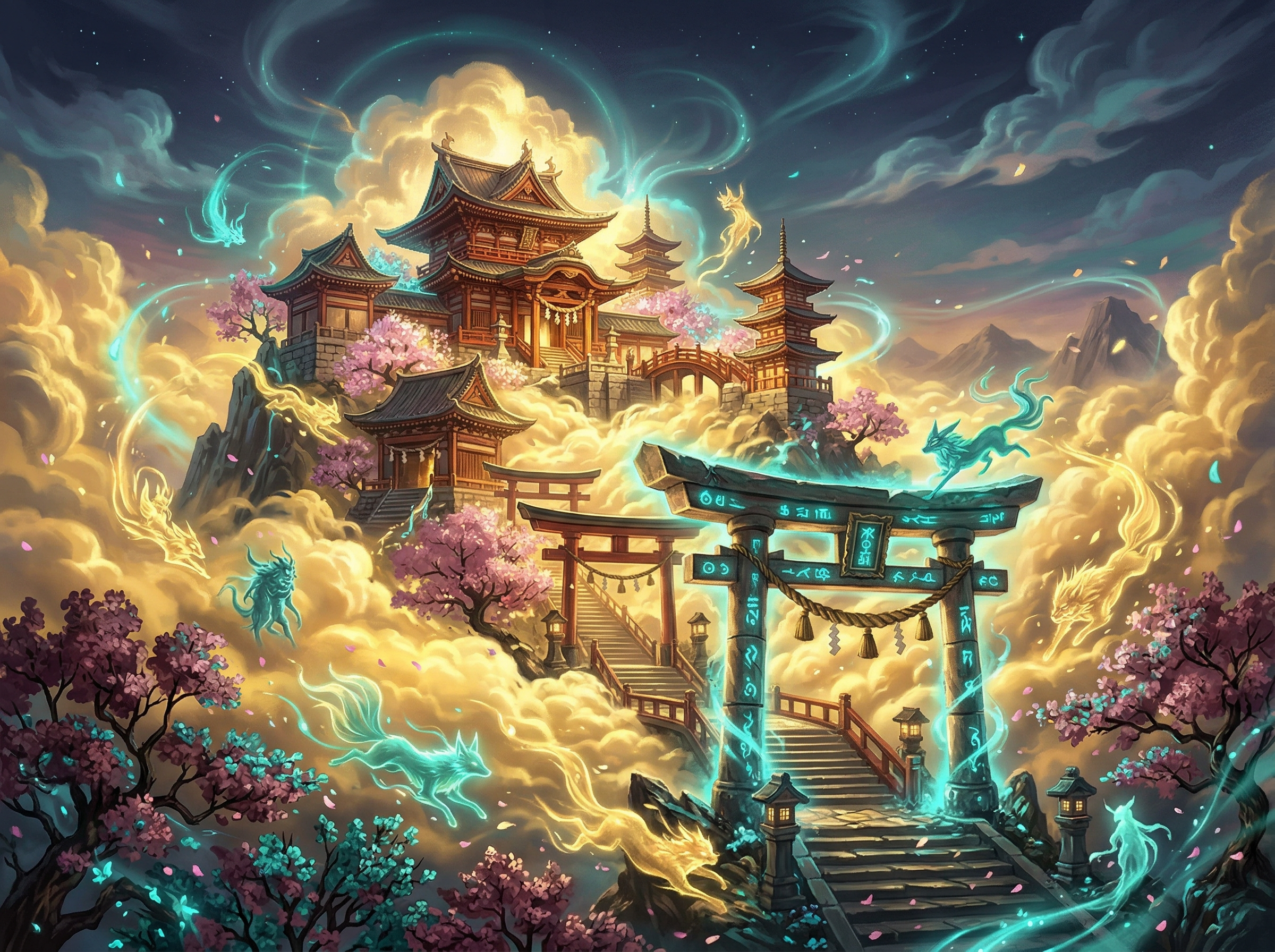 Japanese temple emerging from golden clouds with mythological yokai spirits and cherry blossoms