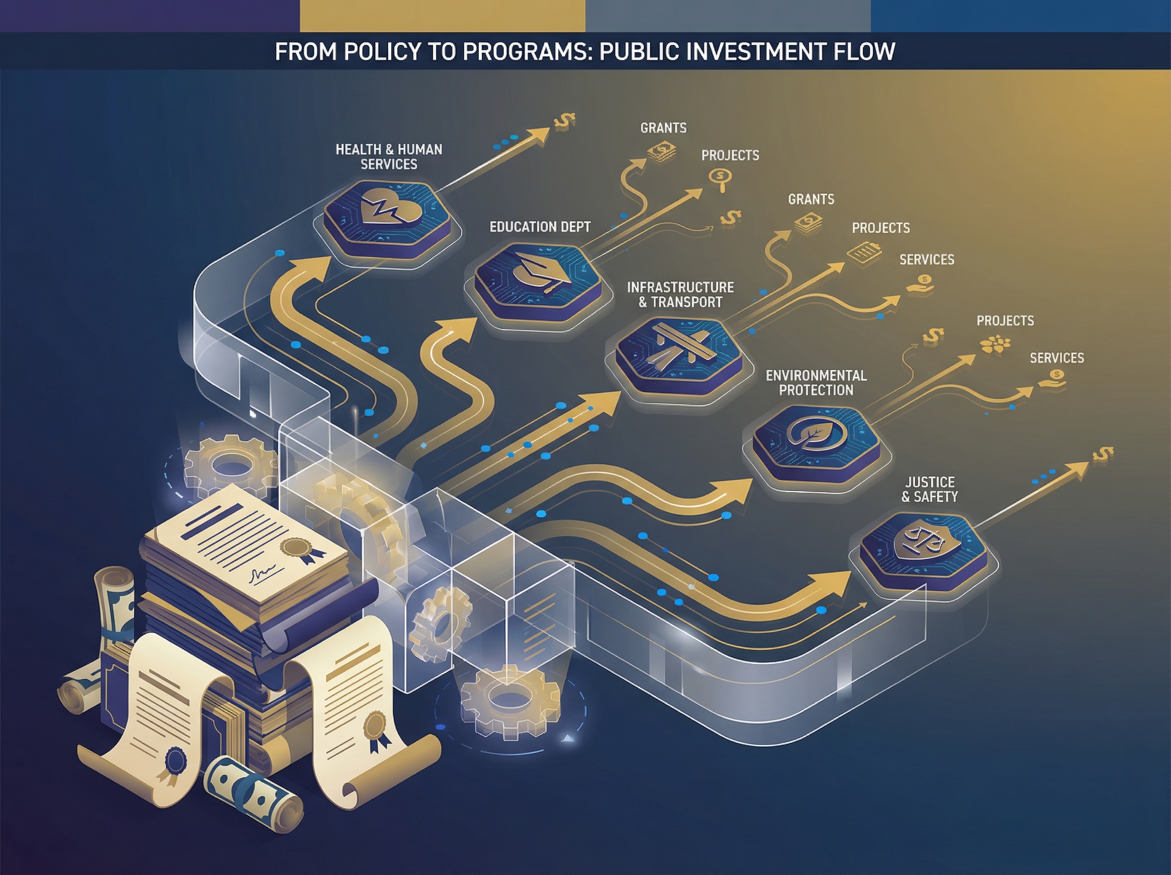 Abstract visualization of budget documents flowing to government agencies