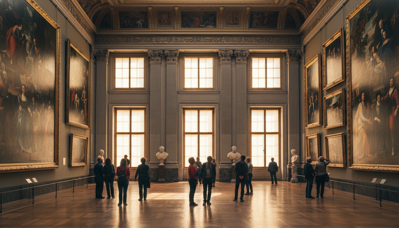 Interior of a grand museum gallery with golden light streaming through tall windows onto ornate frames and old master paintings