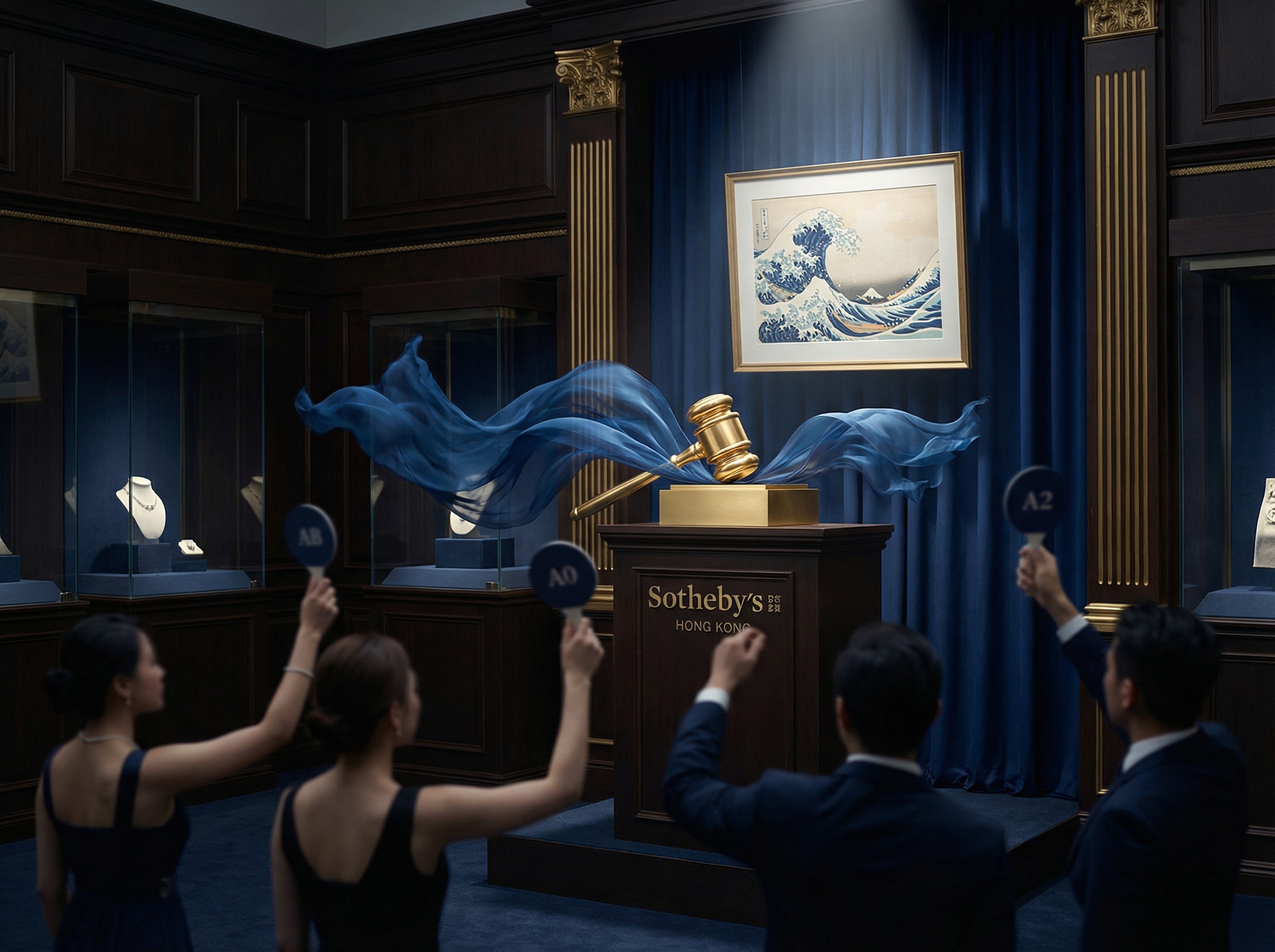 Conceptual visualization of an auction with The Great Wave floating above bidders