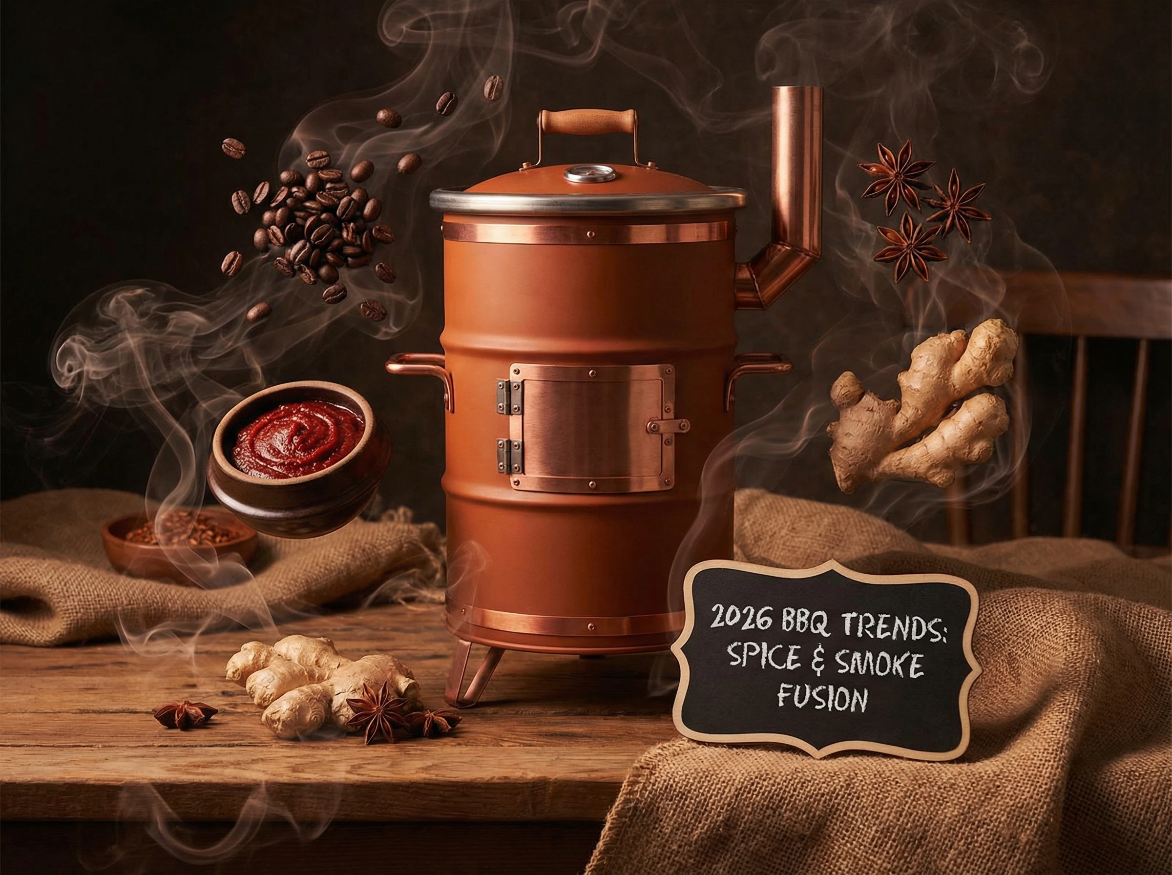 Modern drum smoker surrounded by floating exotic spices: coffee beans, gochujang, ginger, star anise