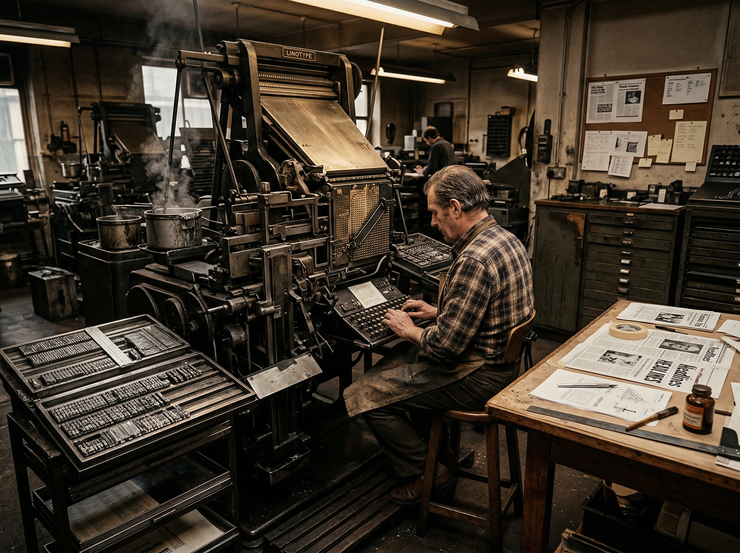 A 1970s typesetting workshop with a massive Linotype machine and paste-up boards