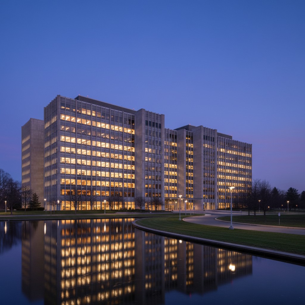 Bell Labs Murray Hill building at dusk, warm amber windows glowing against indigo twilight