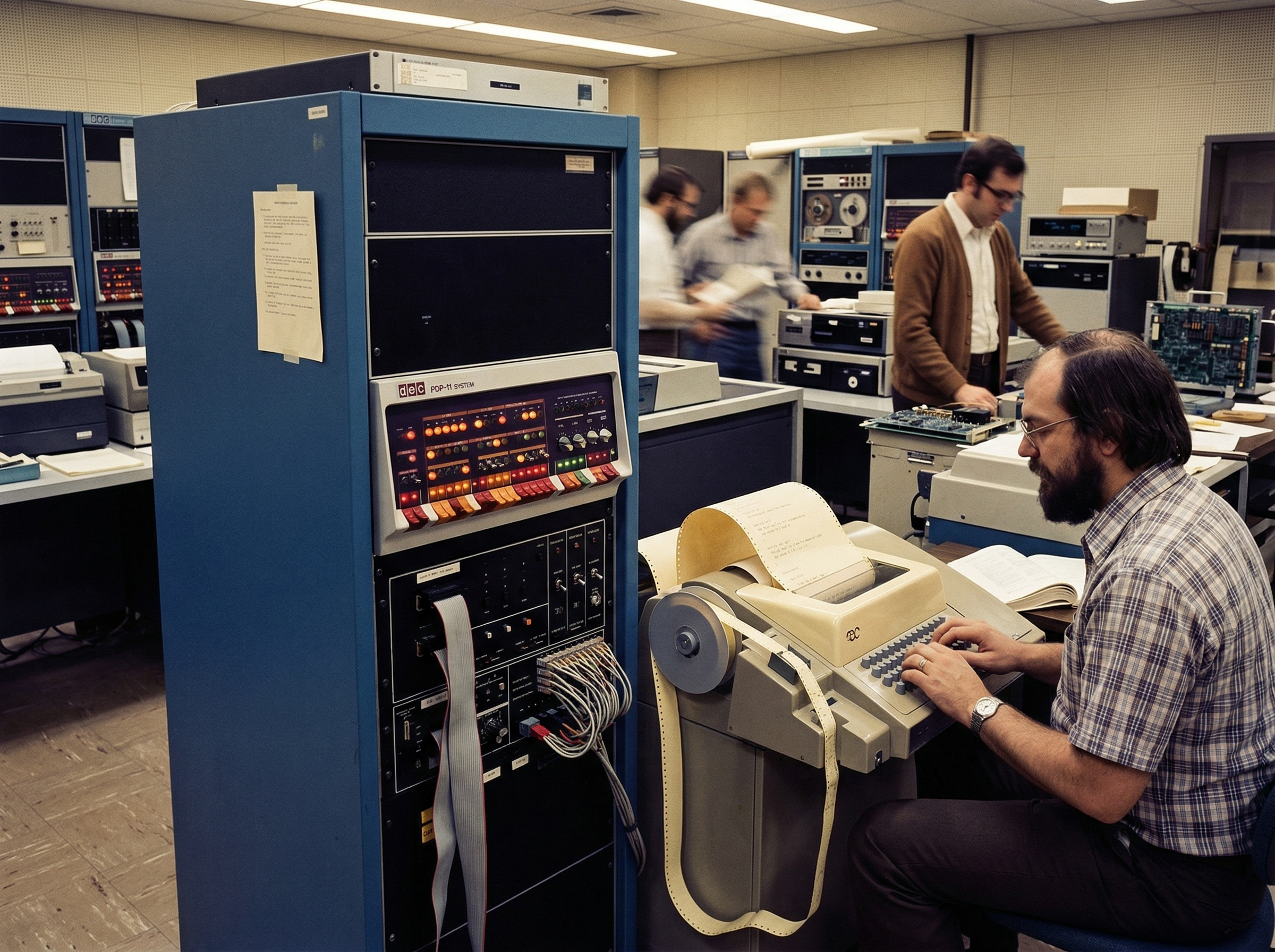 Interior of Bell Labs with PDP-11 minicomputer and teletype terminal