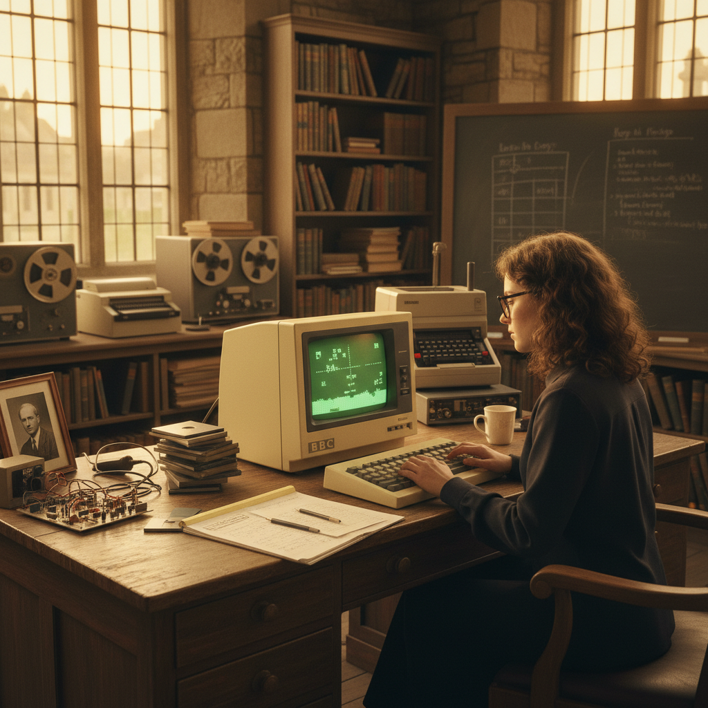 A young computer scientist at a wooden desk with a BBC Micro, prototyping an early game in a Cambridge University office