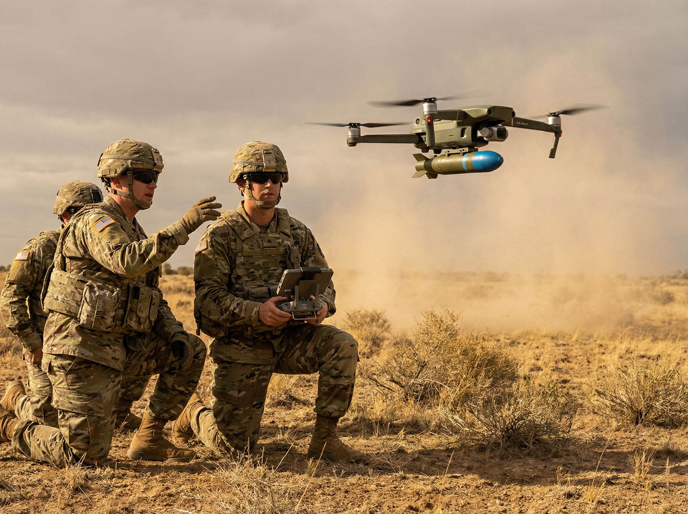 U.S. Army soldiers operating a small quadcopter drone in a training exercise