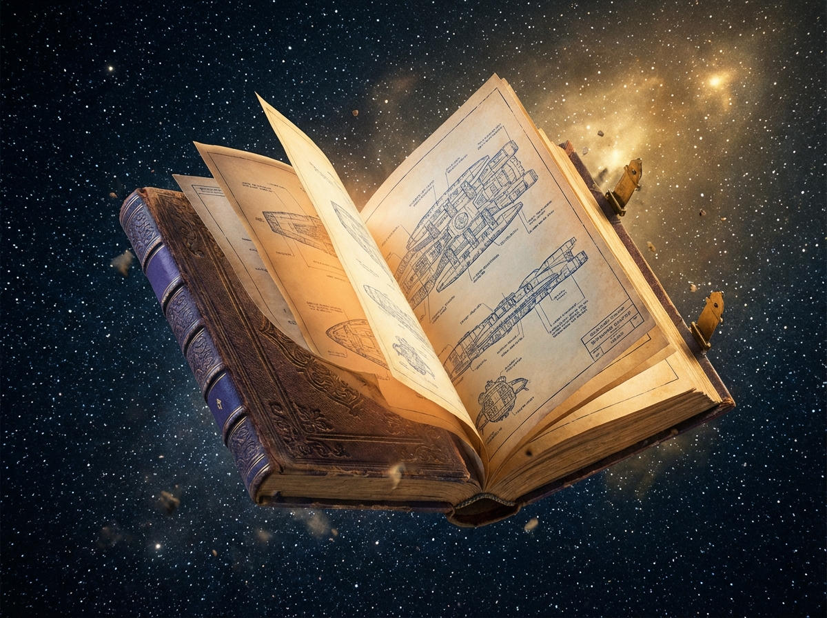 Vintage tome floating in space with battlestar blueprints