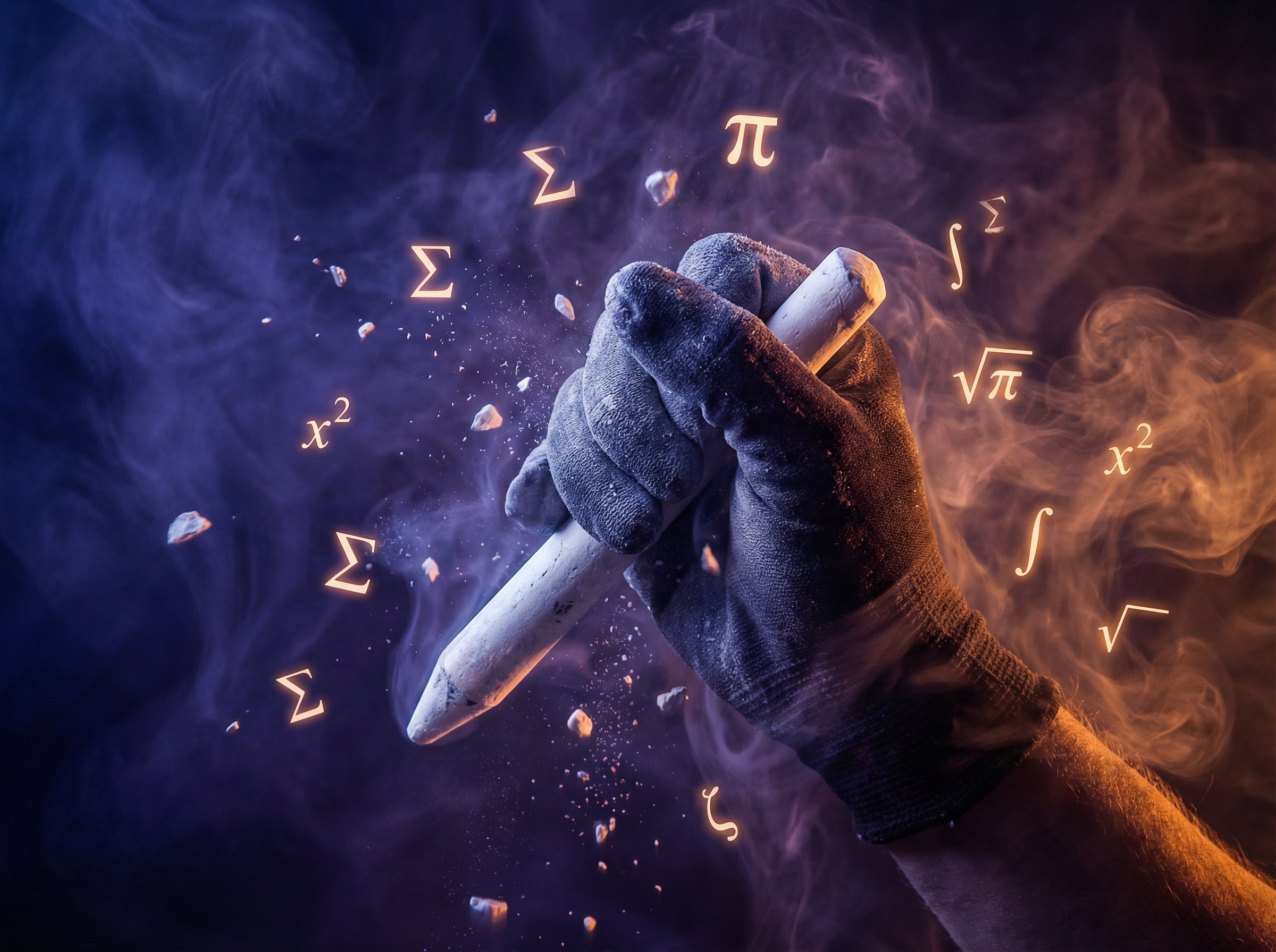 A hand wielding chalk like a weapon, algebraic equations dissolving into theatrical smoke