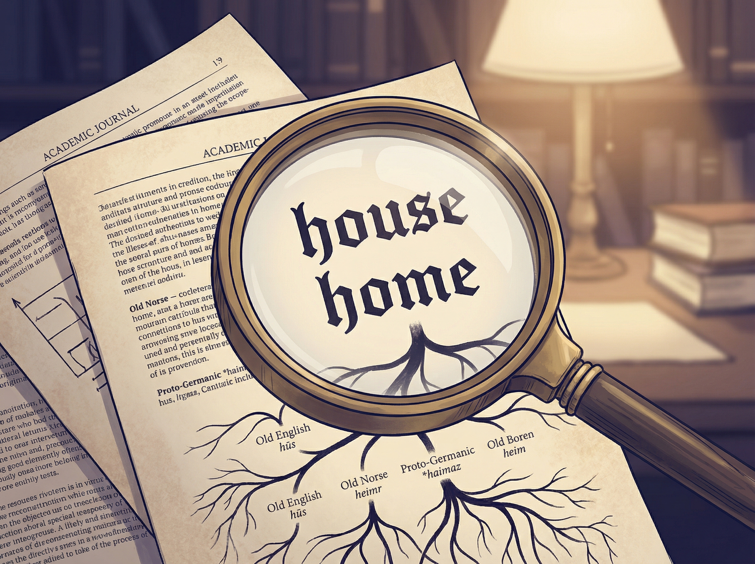 Academic journal pages with magnifying glass examining etymology