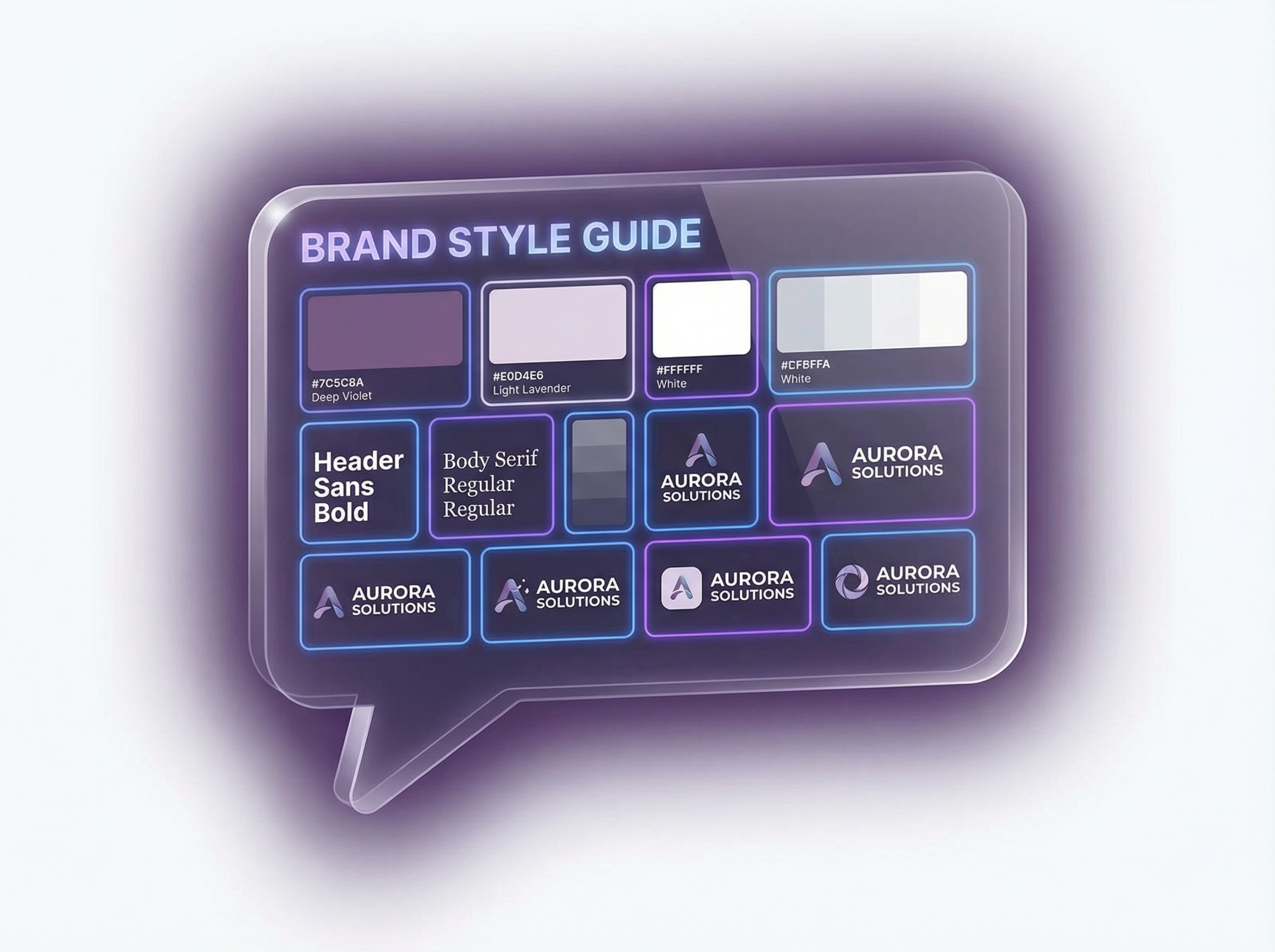 A corporate brand style guide floating as a hologram inside a chat bubble, with color swatches and typography specimens arranged like a periodic table of visual identity