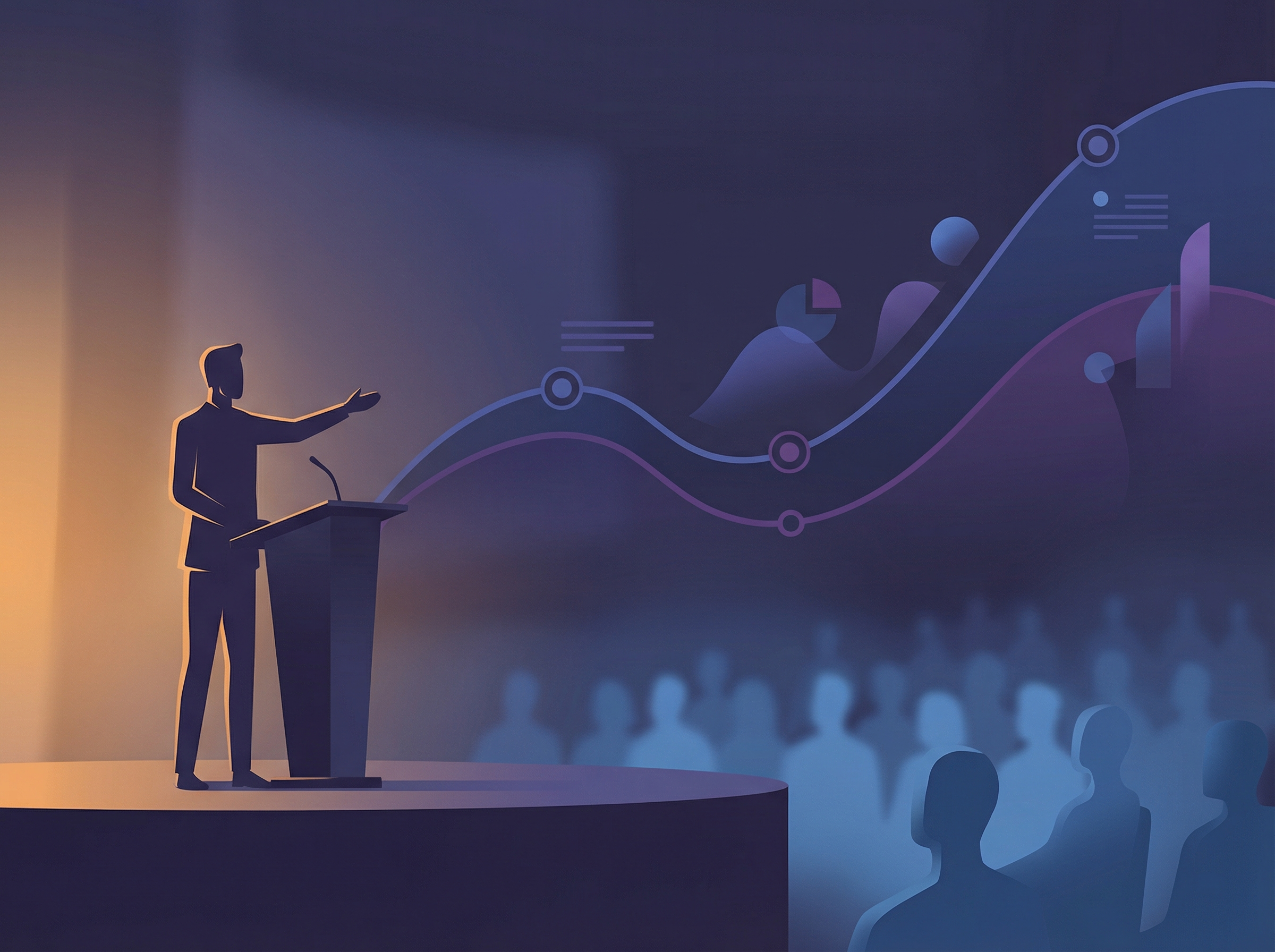 Editorial illustration of a confident speaker at Davos podium with narrative arc flowing behind them