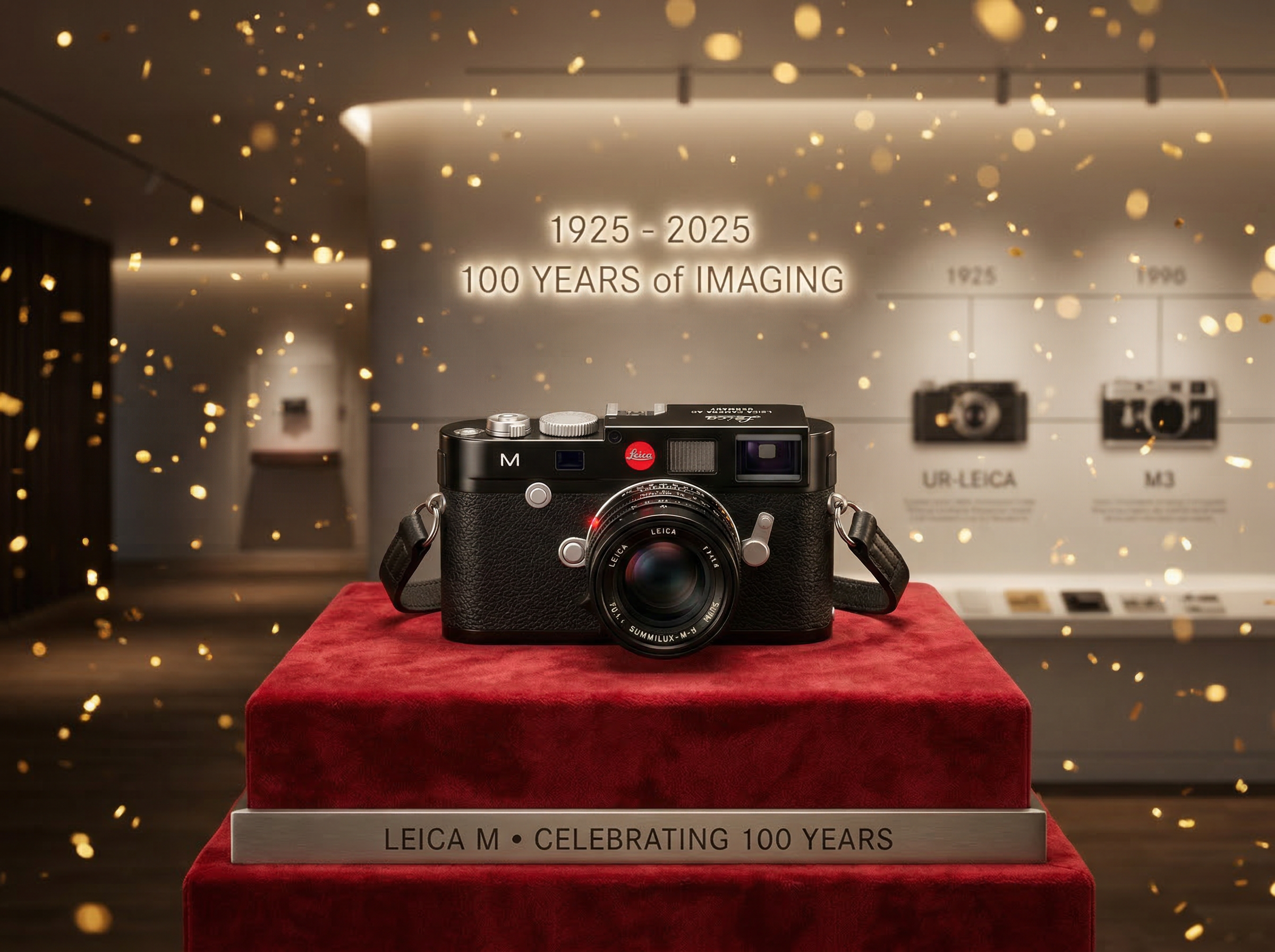 A celebratory display of the millionth Leica M camera on a red velvet pedestal