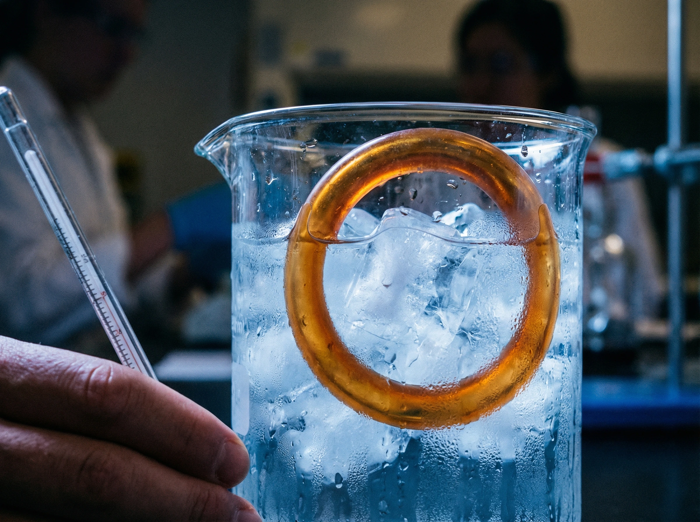 O-ring in a glass of ice water, dramatic demonstration moment