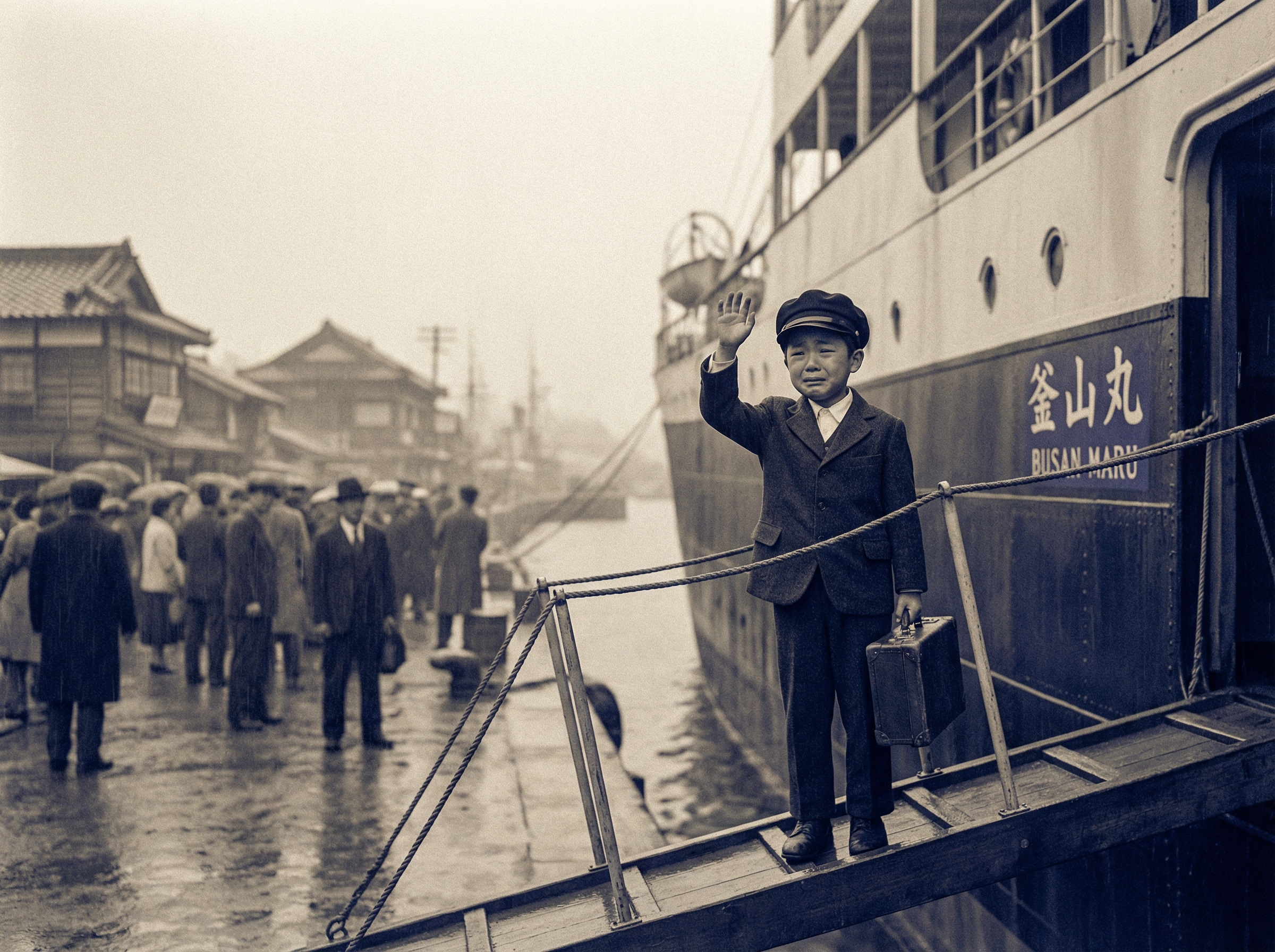 Young boy departing for Japan in 1962