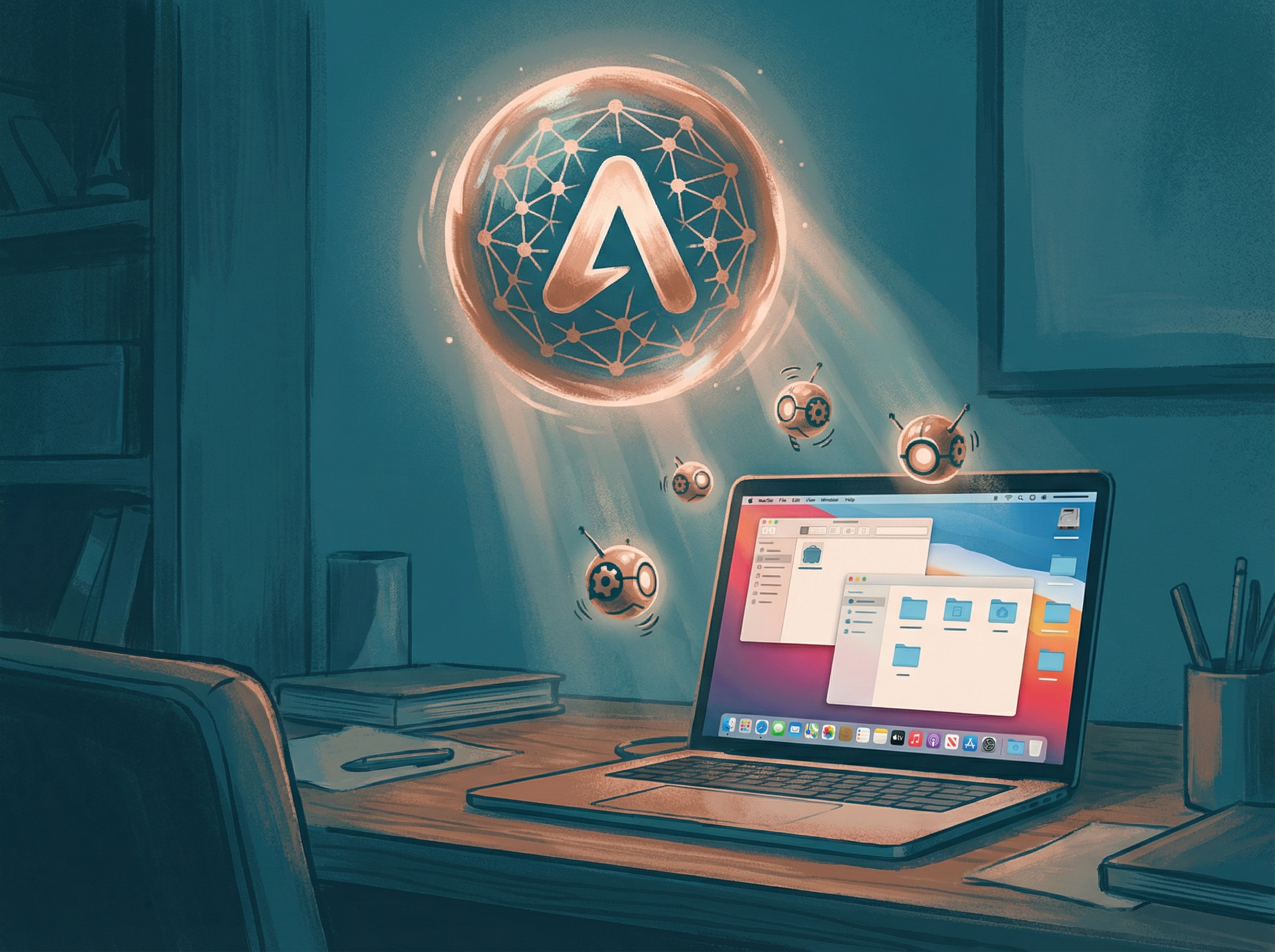 Glowing neural orb deploying autonomous worker orbs into a macOS environment